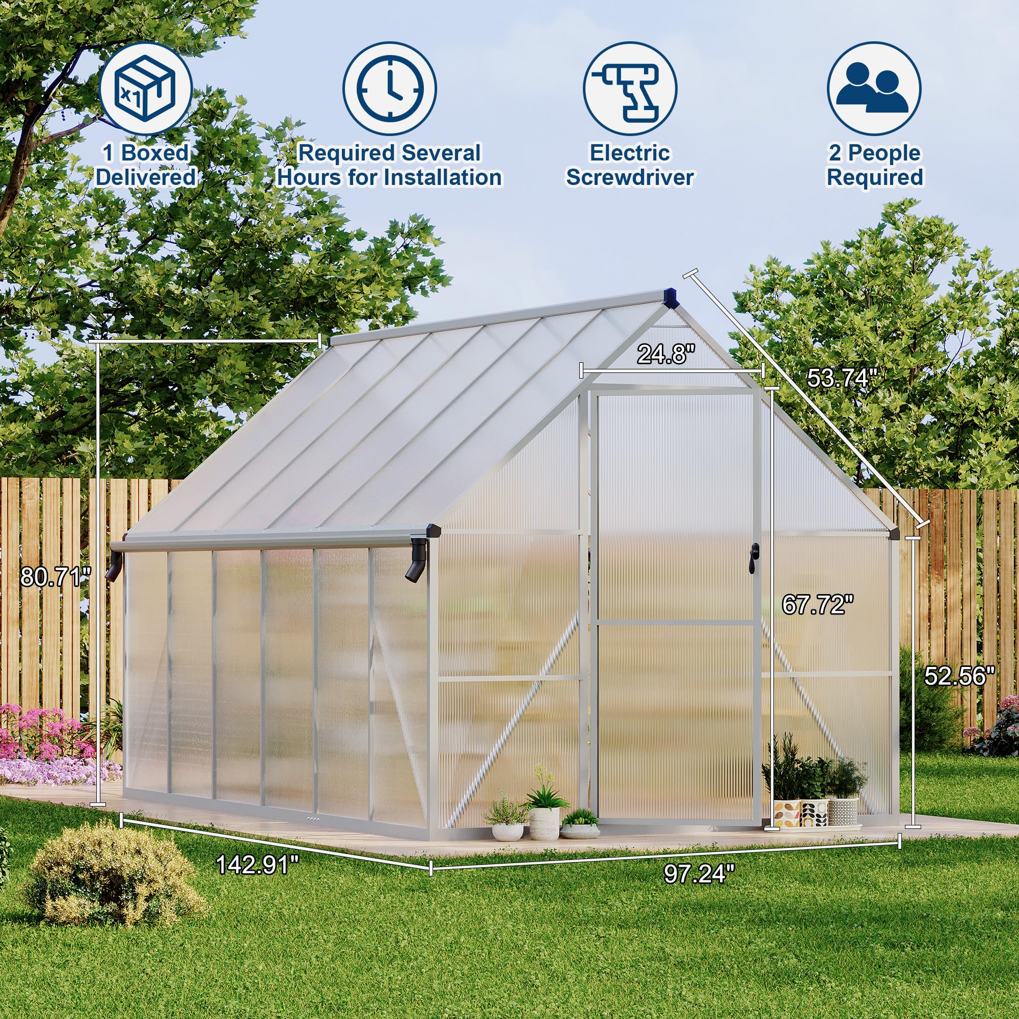 Garvee Heavy Duty 8x12 FT Polycarbonate Walk-In Greenhouse – Reinforced Aluminum Frame, Double Swing Doors, Roof Ventilation, Rain Gutter, Large Outdoor Gardening Space – Silver