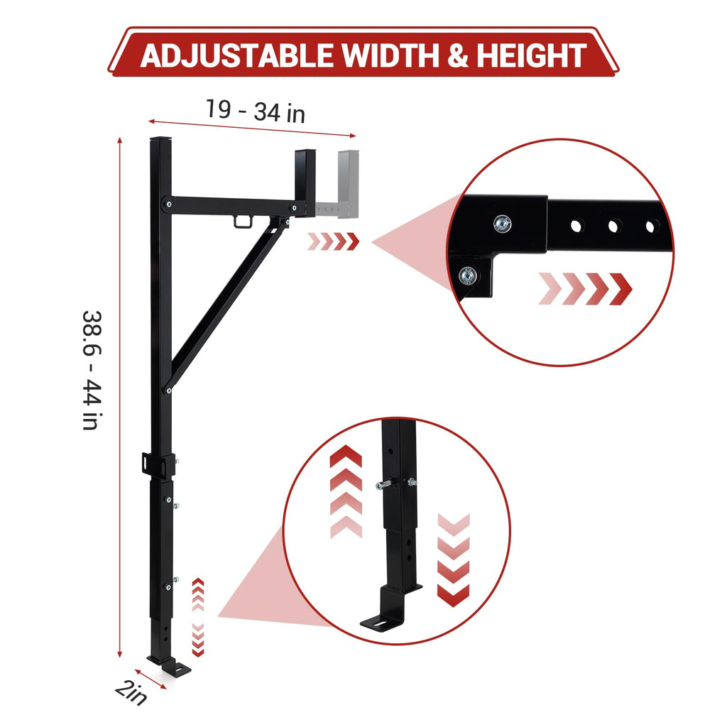 Garvee Adjustable Steel Truck Ladder Rack - 19-34in Width, 250lb Capacity, Non-Drilling Mount, Powder Coated, J-Bolt Clamps, Pickup Truck Bed