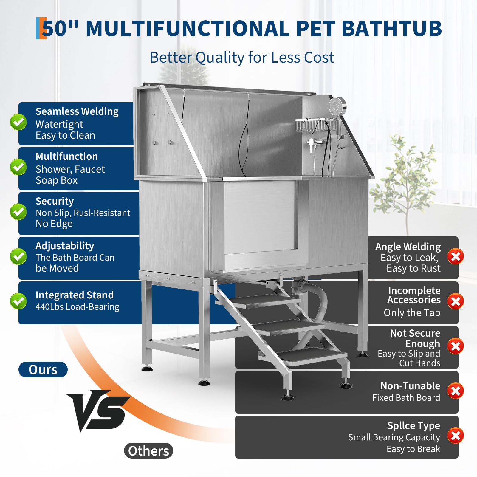 Garvee 50" Stainless Steel Dog Wash Tub, Dog Grooming Bathing Station with Non-Slip Stairs & Floor Grate, Large, Medium & Small Pets Bathtub for Grooming Salon/Home Use, Left-Side