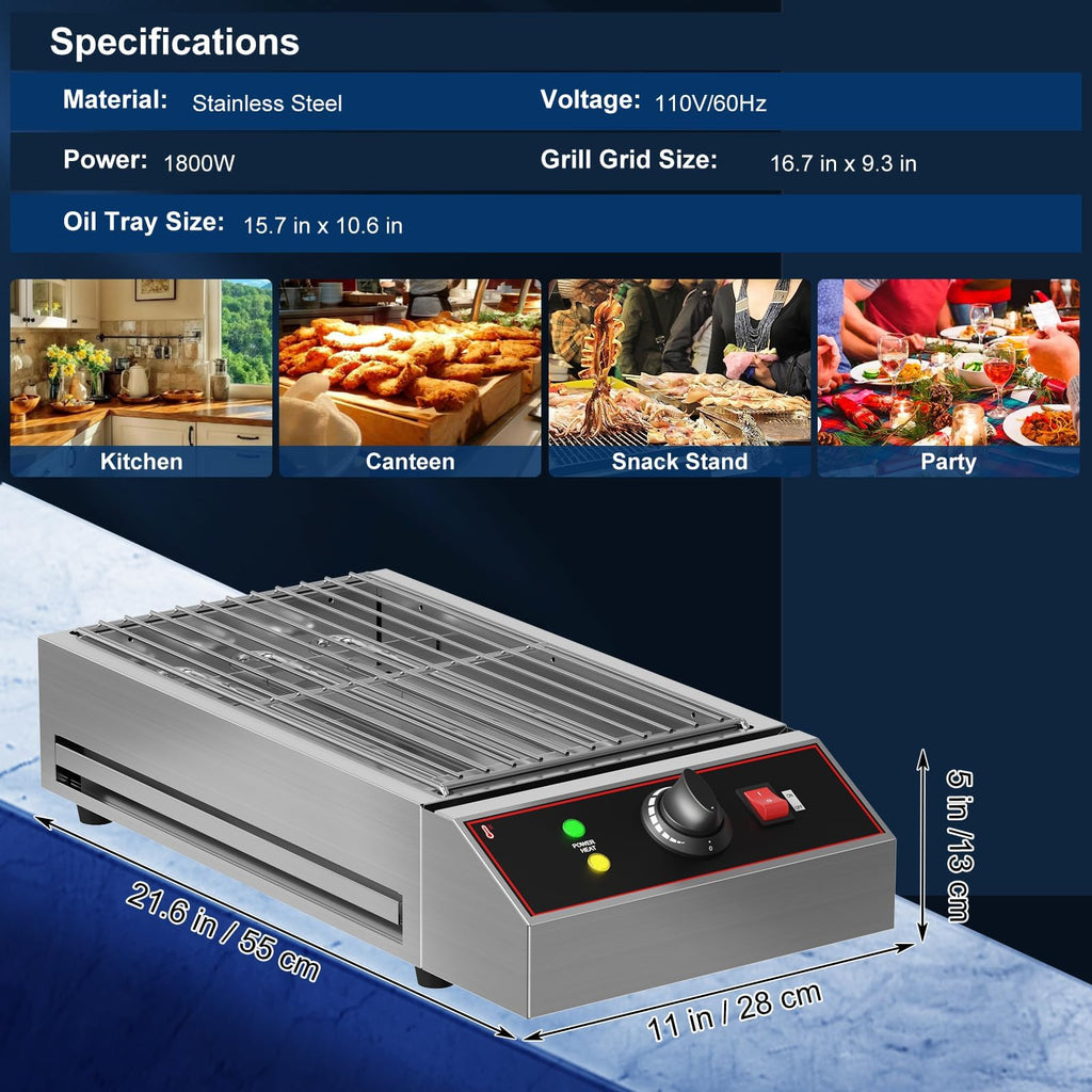 Garvee Indoor Electric Grill Smokeless 1800W Rapid Heat Stainless Steel Removable Griddle Adjustable Temp 122°F-572°F Family Dinners Camping