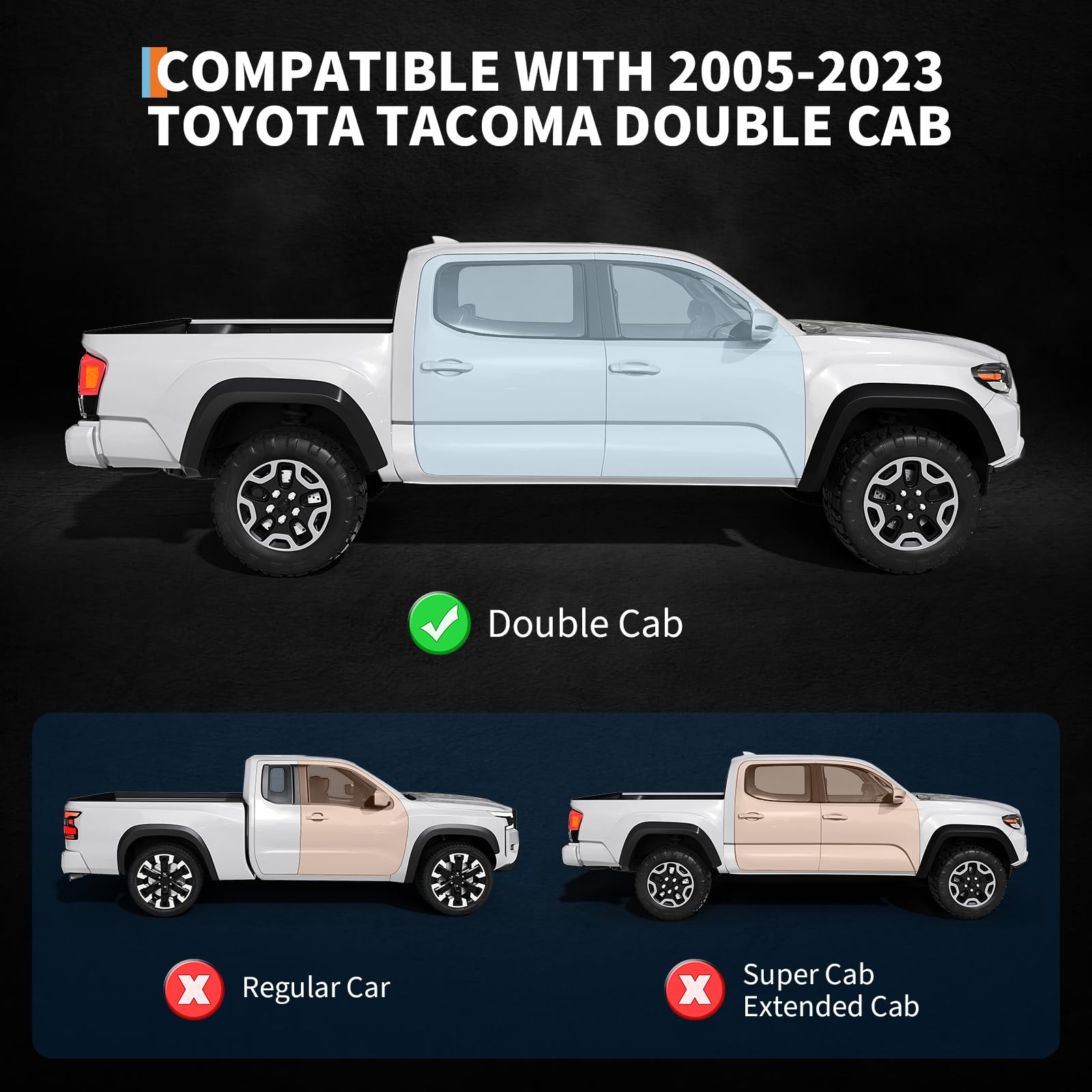 Garvee Side Bars for Toyota Tacoma 2005-2023 Double Cab - 2" Carbon Steel Tri-Tube, 500LBS Load Non-Slip Pads, Bolt-On Install, Rust Resistant - Off-Road Protection