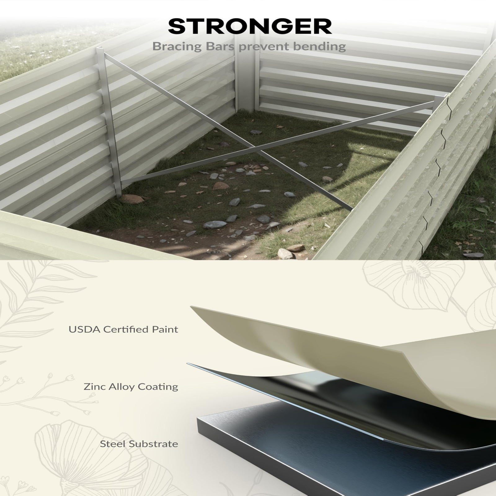 Garvee 6' × 3' × 2' Galvanized Raised Garden Bed, 24" Tall 0.5 mm Steel Planter with Open Bottom & X-Brace, Beige