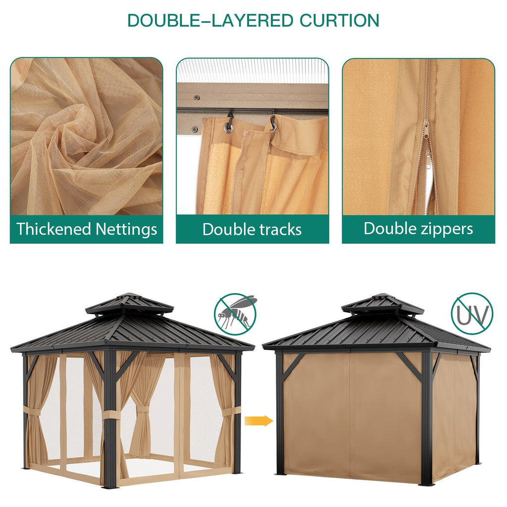 Garvee 10x12ft Hardtop Gazebo Outdoor Patio Pavilion Double Roof Aluminum Frame Waterproof Curtains Netting Backyard Deck Poolside
