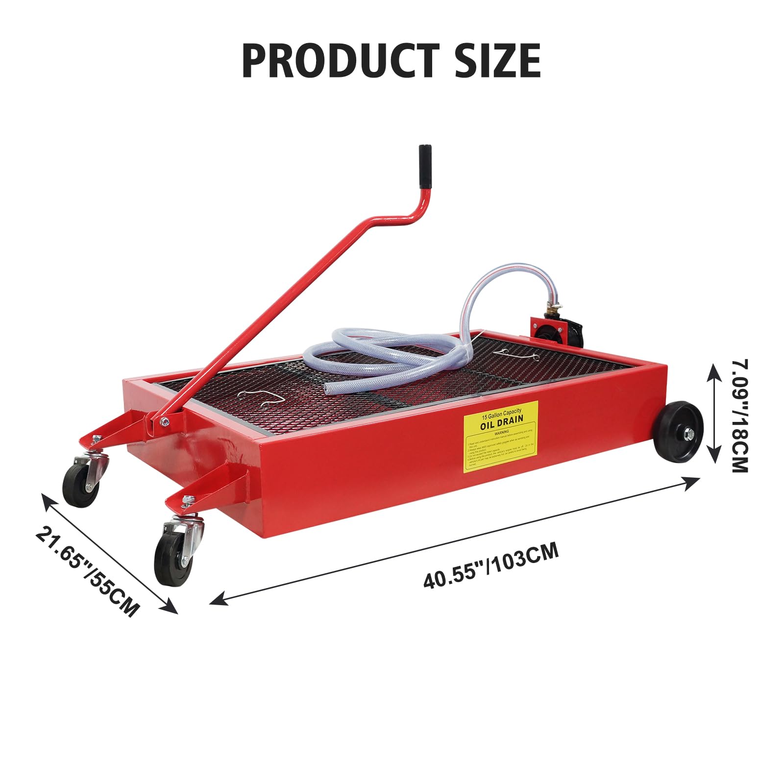 Garvee Low Profile Oil Drain Pan 15-Gallon Capacity Manual Rotary Pump Durable Plastic Wheels 7.2 Inch Hose for Cars Trucks SUVs
