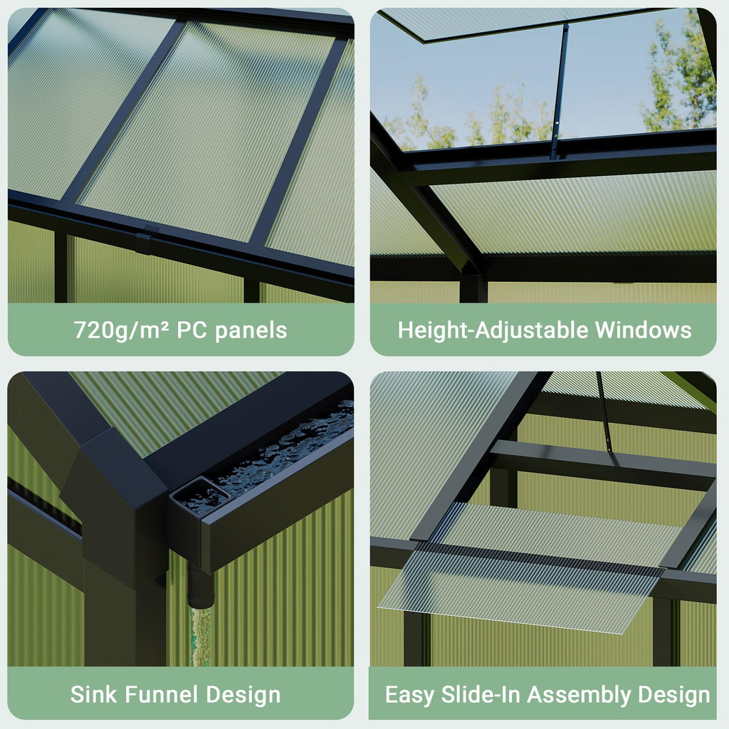 Garvee Outdoor Polycarbonate Greenhouse with Roof Vent & Sliding Lockable Door, Aluminum Frame, Water Gutter Drainage, Black, 6x10FT, Garden Patio Lawn
