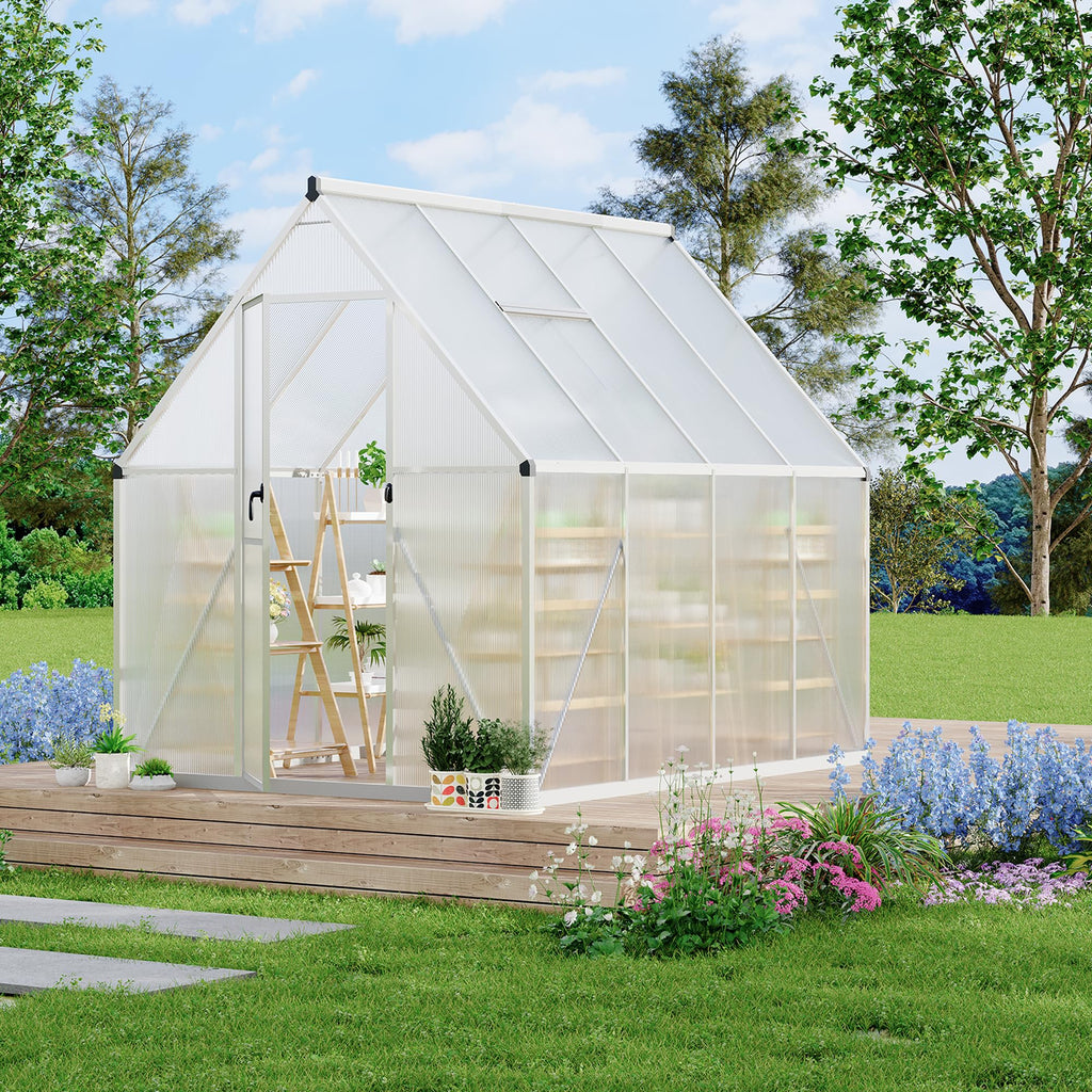 Garvee 6x7 FT Heavy Duty Aluminum Polycarbonate Greenhouse – Large Walk-In Structure, Quick Setup, Roof Vent, Lockable Door, Rain Gutter – Ideal for Patio, Backyard, Garden – Silver