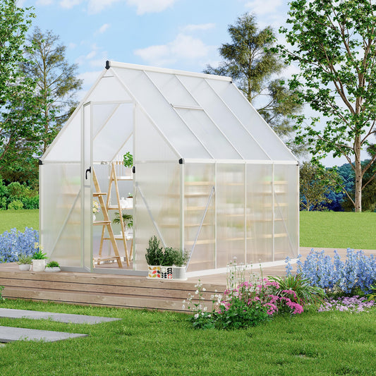 Garvee 6x7 FT Heavy Duty Aluminum Polycarbonate Greenhouse – Large Walk-In Structure, Quick Setup, Roof Vent, Lockable Door, Rain Gutter – Ideal for Patio, Backyard, Garden – Silver