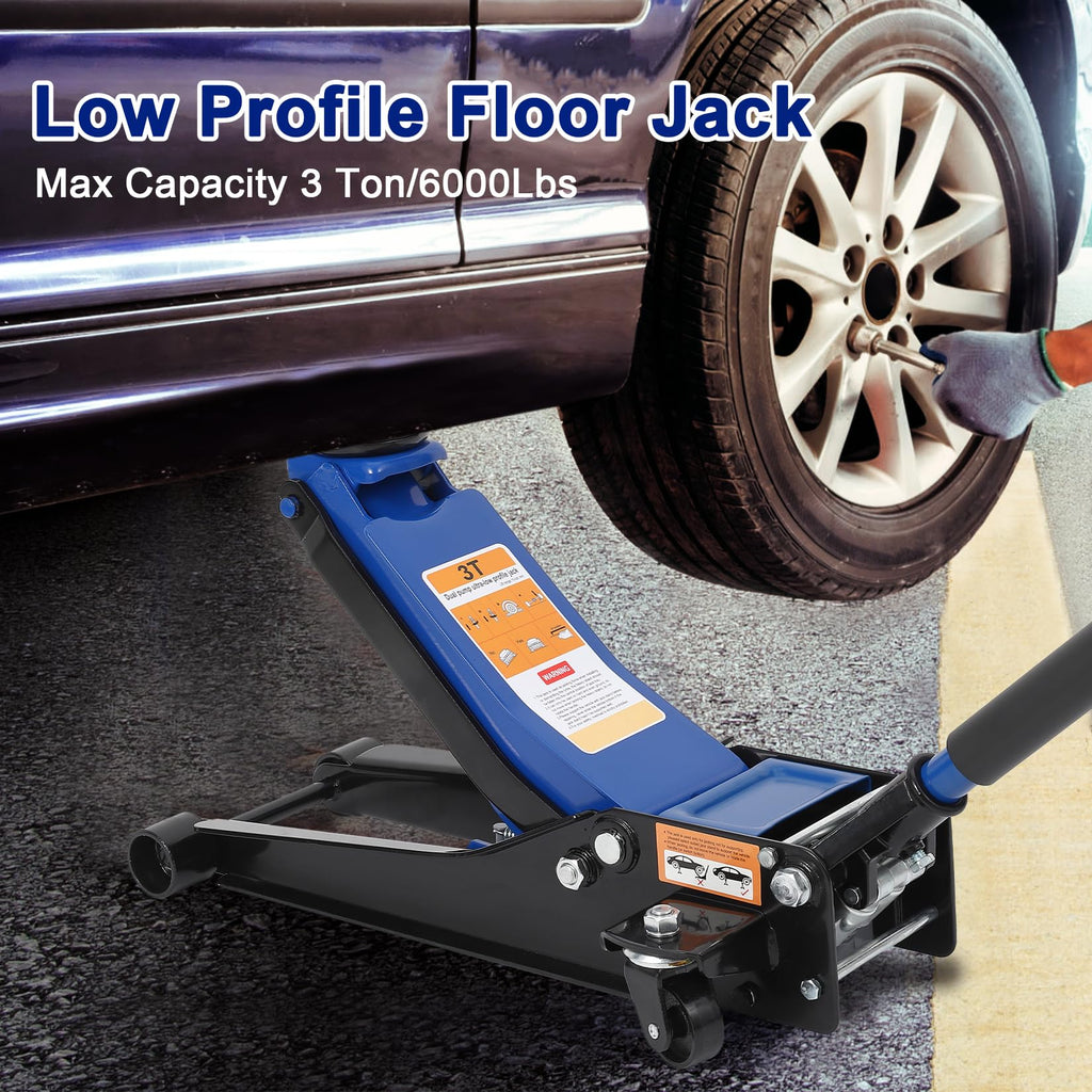 Garvee 3 Ton Low Profile Floor Jack, Professional Low Profile Hydraulic Jack, Heavy Duty Steel Racing Floor Jack with Dual Piston Quick Lift Pump,Lift Range 3"-19.5",Hydraulic Car Jack, Blue