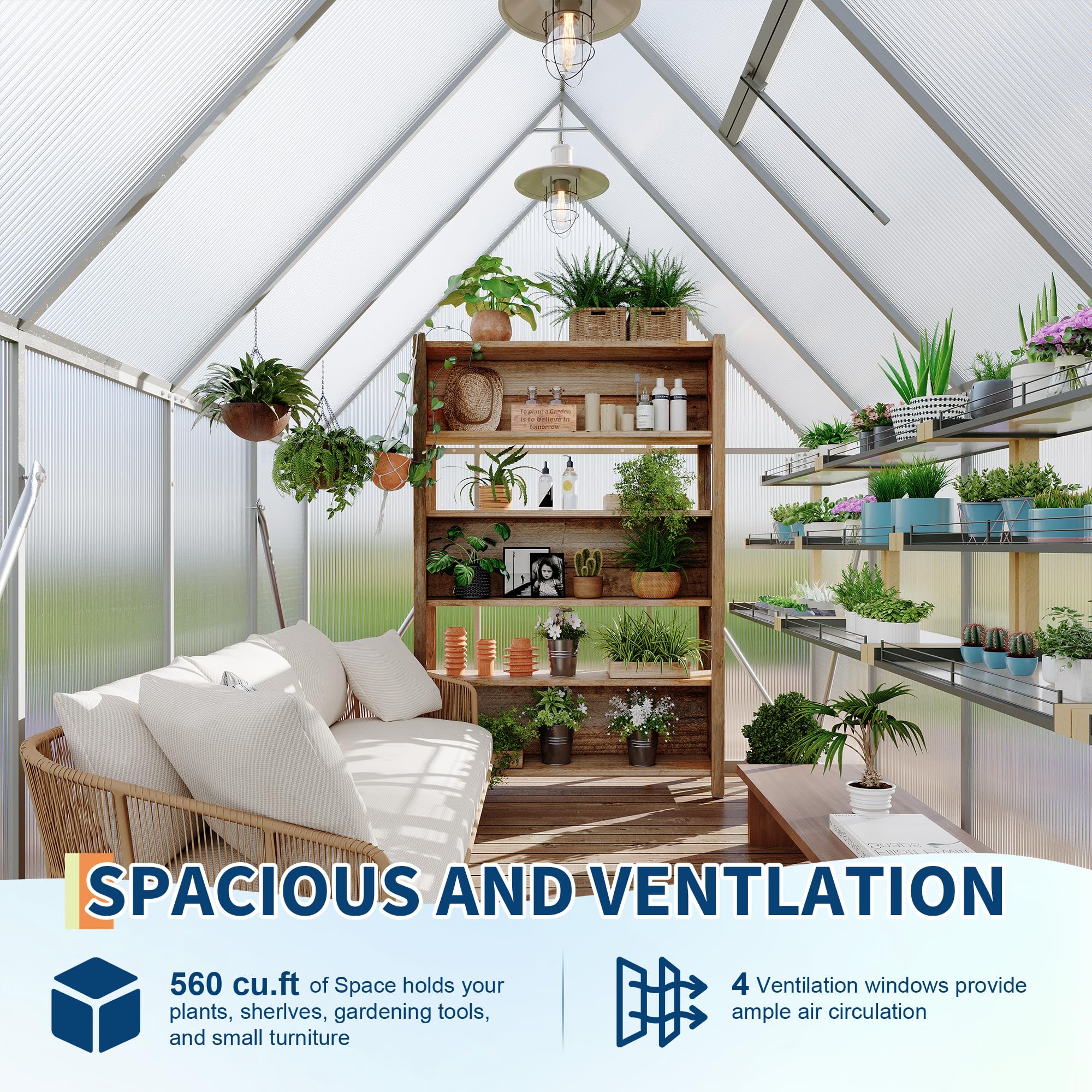 Garvee 6x7 FT Heavy Duty Aluminum Polycarbonate Greenhouse – Large Walk-In Structure, Quick Setup, Roof Vent, Lockable Door, Rain Gutter – Ideal for Patio, Backyard, Garden – Silver