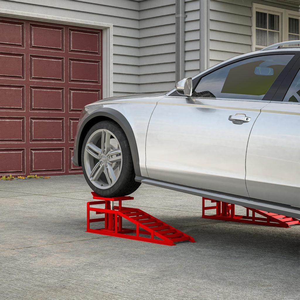 Garvee 2-Pack Hydraulic Car Ramps - 3-Ton Heavy-Duty Steel with Adjustable Height, Wide Incline, and Low Profile for Vehicle Maintenance and Garage Use, Red