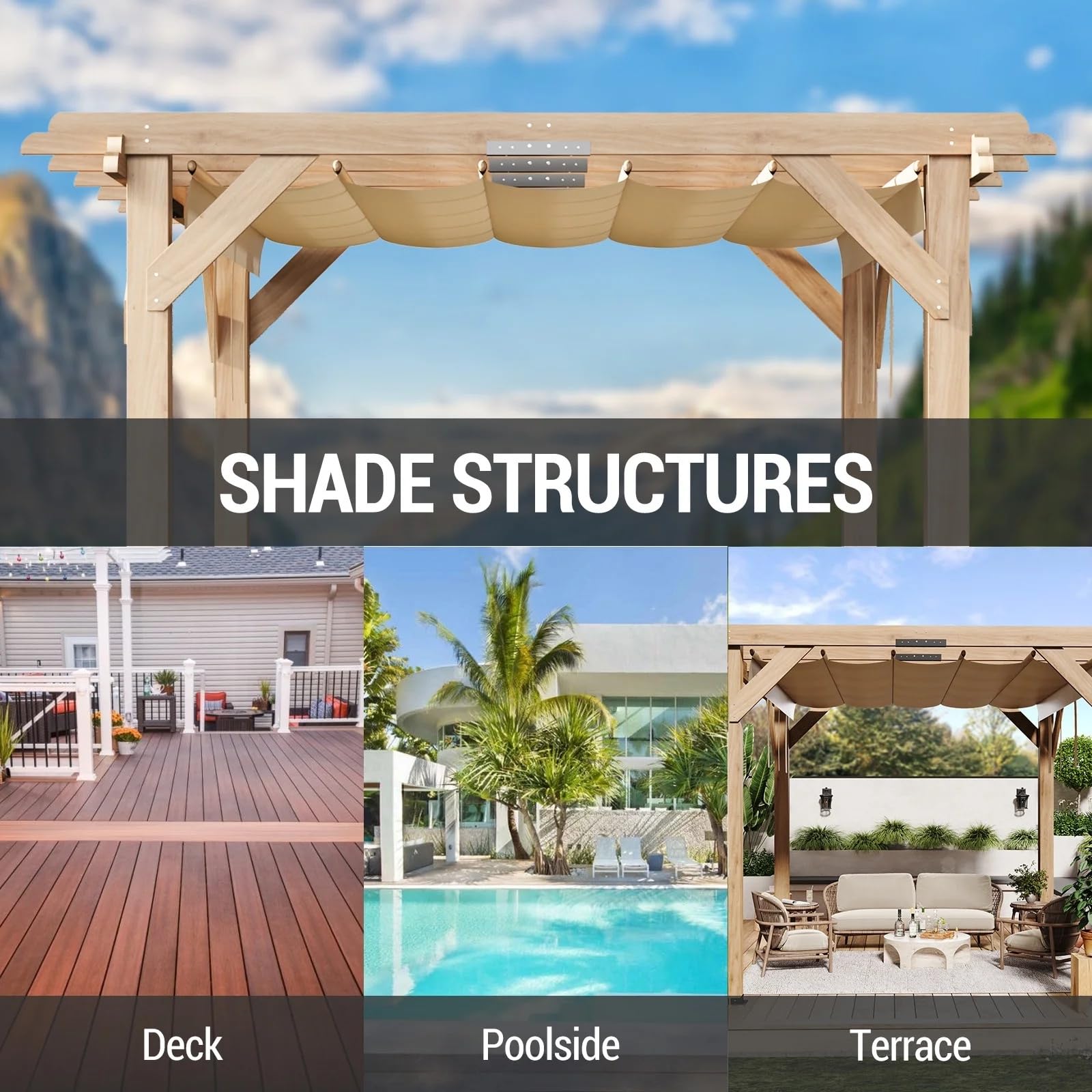 Garvee 10x12 FT Cedar Wood Pergola with Retractable Oxford Fabric Roof, Waterproof, Durable Outdoor Patio Gazebo for Backyard Relaxation