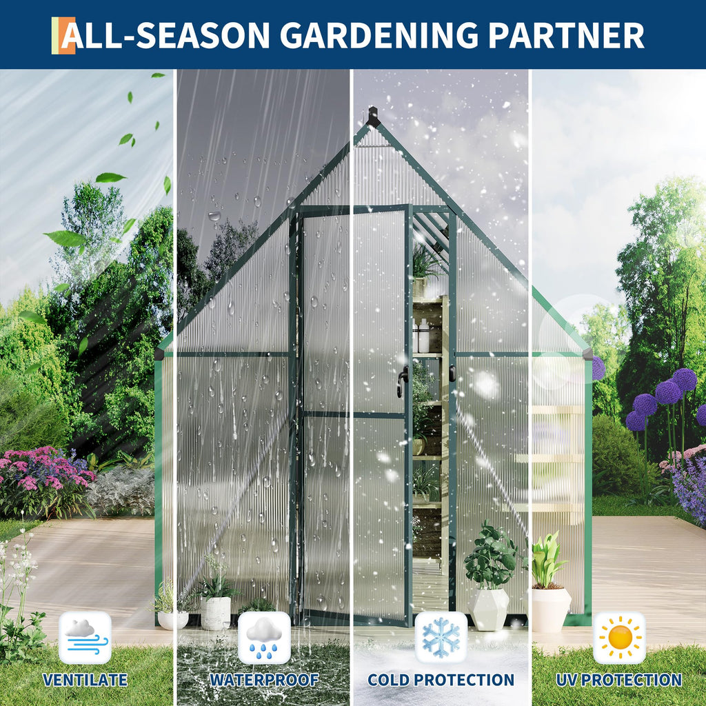 Garvee Heavy Duty 6x9 FT Polycarbonate Walk-In Greenhouse - Aluminum Frame, Double Swing Doors, Roof Vent, Rain Gutter, Quick Easy Setup, for Garden Plants, Green