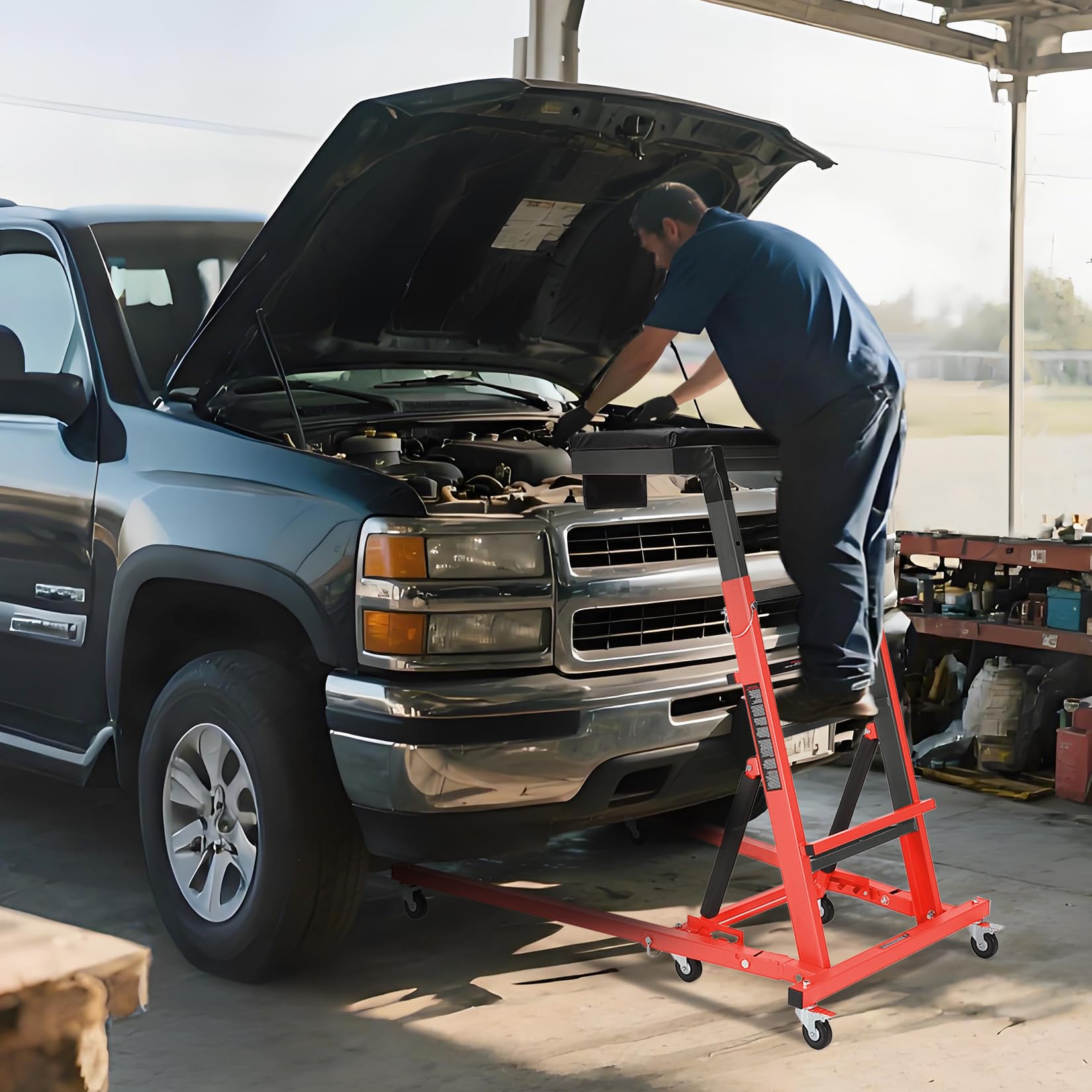Garvee Top Automotive Creeper Adjustable Height 49.21-68.89" Heavy Duty 400 LBS Steel Frame Foldable with 6 Swivel Casters for Garage Auto Repair