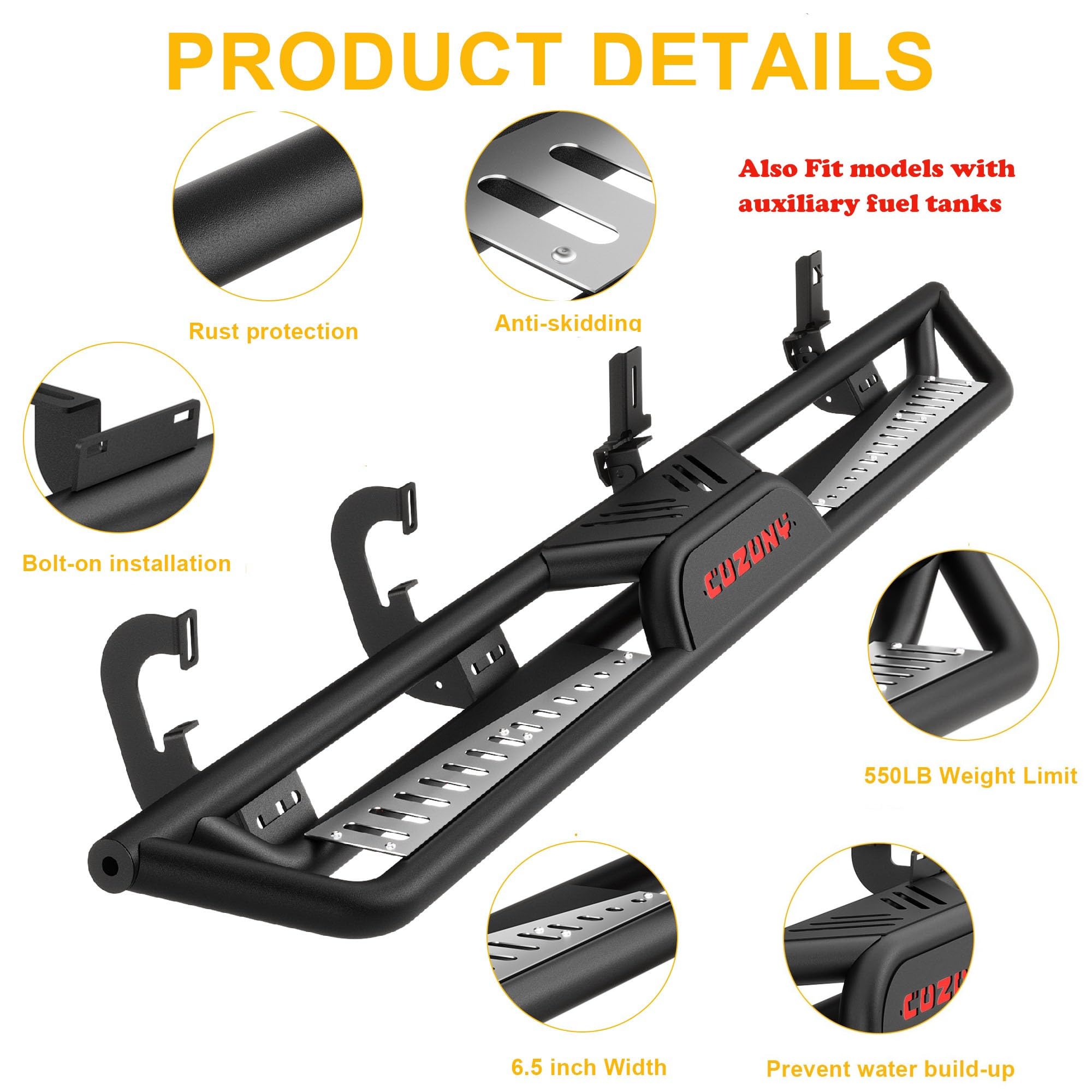 Garvee 6" Running Boards 550LB Side Steps, Black Powder Coated Non-Slip Bolt-On Rock Sliders, Fits 2007-2018 Chevy Silverado/Sierra 1500 Crew Cab, 2007-2019 2500/3500HD