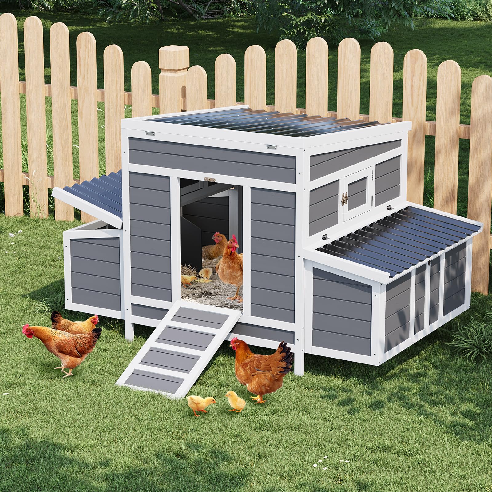 Garvee 55" Wooden Chicken Coop for 4-6 Chickens with Dual Nesting Boxes & Waterproof Roof, Wood & Metal, Lockable Doors & Ventilated Mesh, Outdoor Backyard Poultry Cage