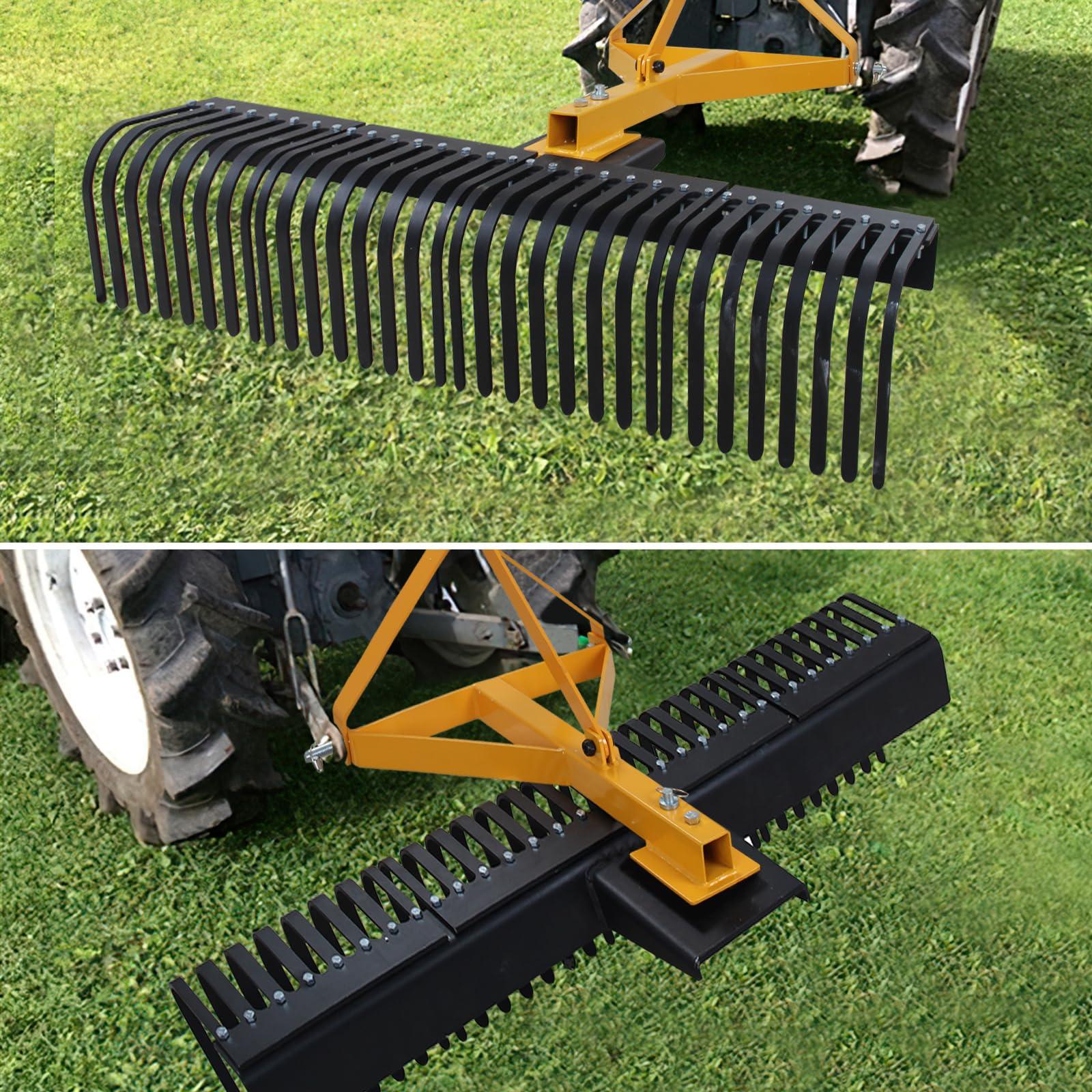 Garvee Landscape Rock Rake 5 FT 3-Point Attach Heavy Duty Steel Tines Rotatable Adjustable Tow-Behind Garden Tractor for Lawn and Field