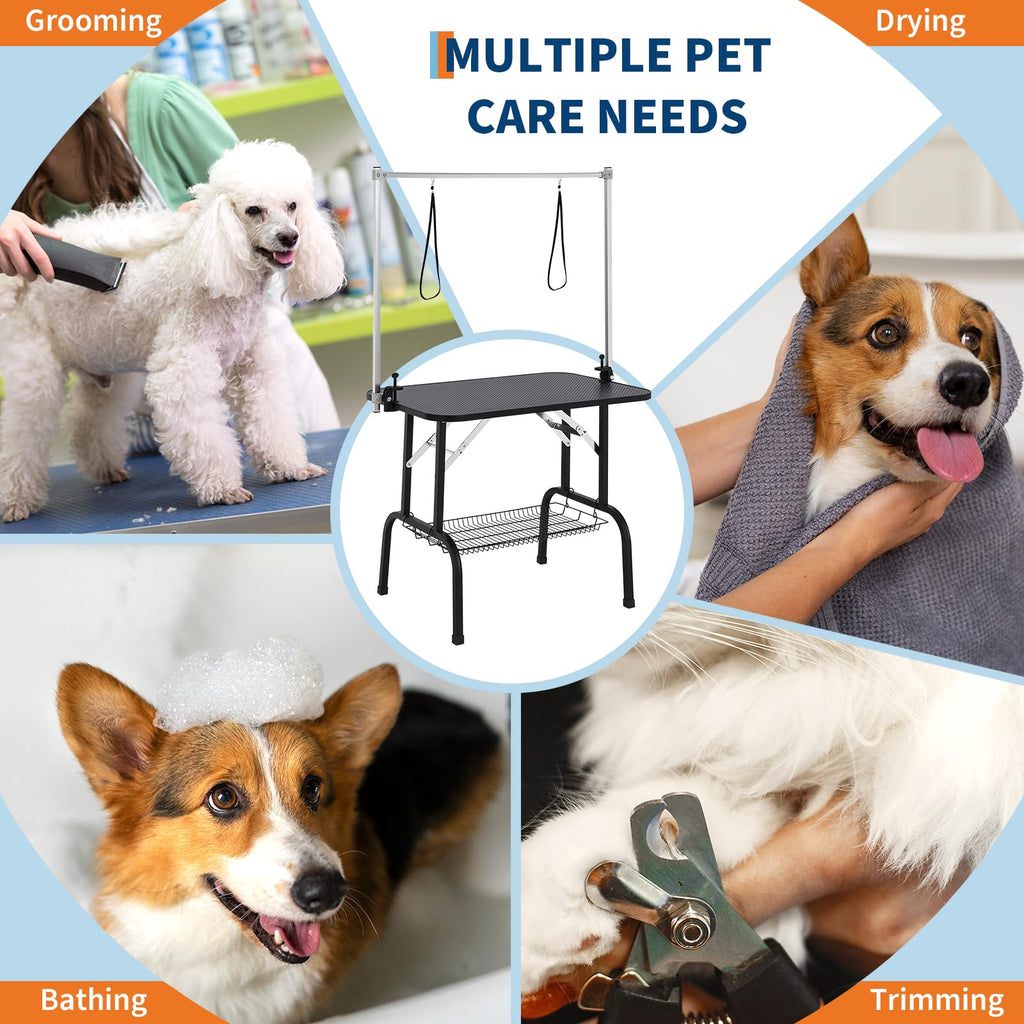 Garvee 46" Dog Grooming Table, Adjustable Height Pet Drying Desktop Foldable Pet Grooming Table Station with Arms, Noose, Mesh Tray 330LBS Capacity for Home and Pet Salon