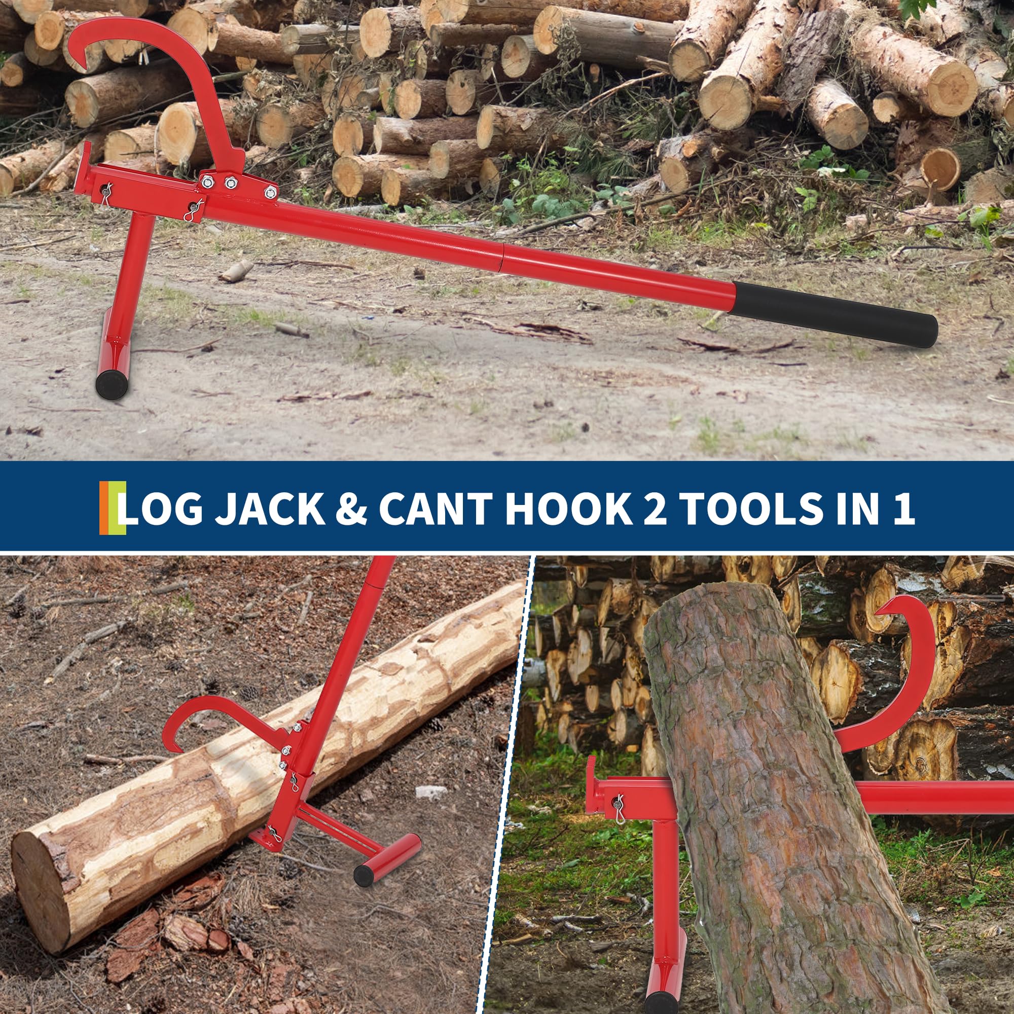 Garvee 48" Cant Hook Logging Tool with Rubber Grip, Adjustable Heavy-Duty Steel Log Roller, Powder-Coated Carbon Steel, Ergonomic Handle, Forestry Logging