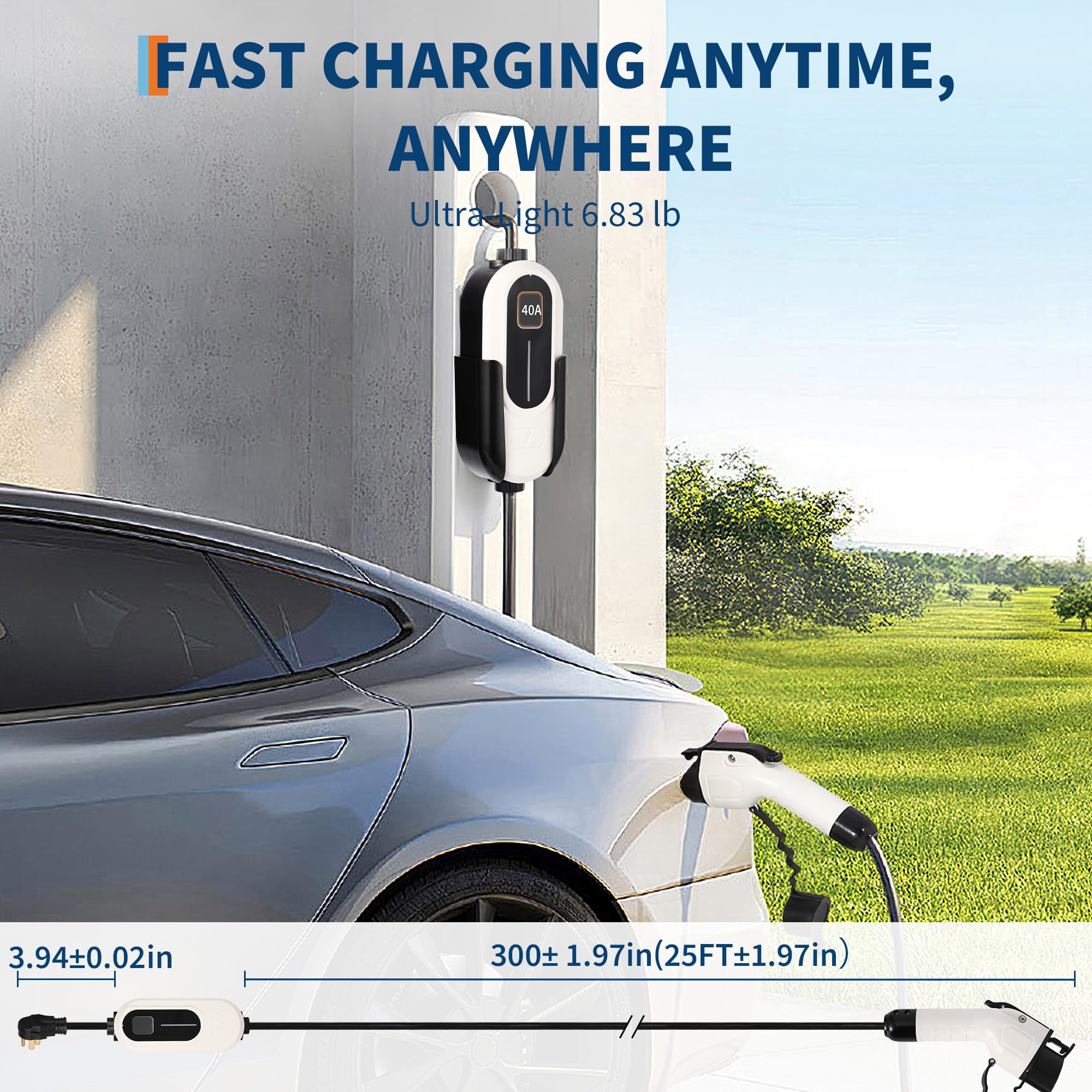 Garvee Level 2 EV Charger, 40A 240V Voltage, NEMA 14-50 Plug, 25ft Cable, Adjustable Current/Delay Timer, SAE J1772 Listed Portable Electric Vehicle Charging Stations for Indoor/Outdoor Use, WiFi Enabled