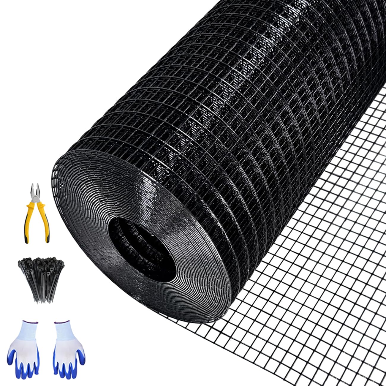 Garvee 48"x100' 19-Gauge Black Vinyl-Coated Wire Mesh - Welded Hardware Cloth w/Gloves & Plier 1/2" Galvanized for Gardens/Coops
