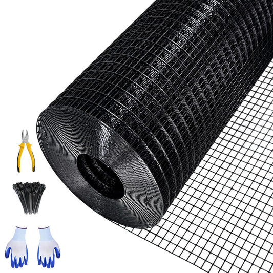 Garvee 48"x100' 19-Gauge Black Vinyl-Coated Wire Mesh - Welded Hardware Cloth w/Gloves & Plier 1/2" Galvanized for Gardens/Coops