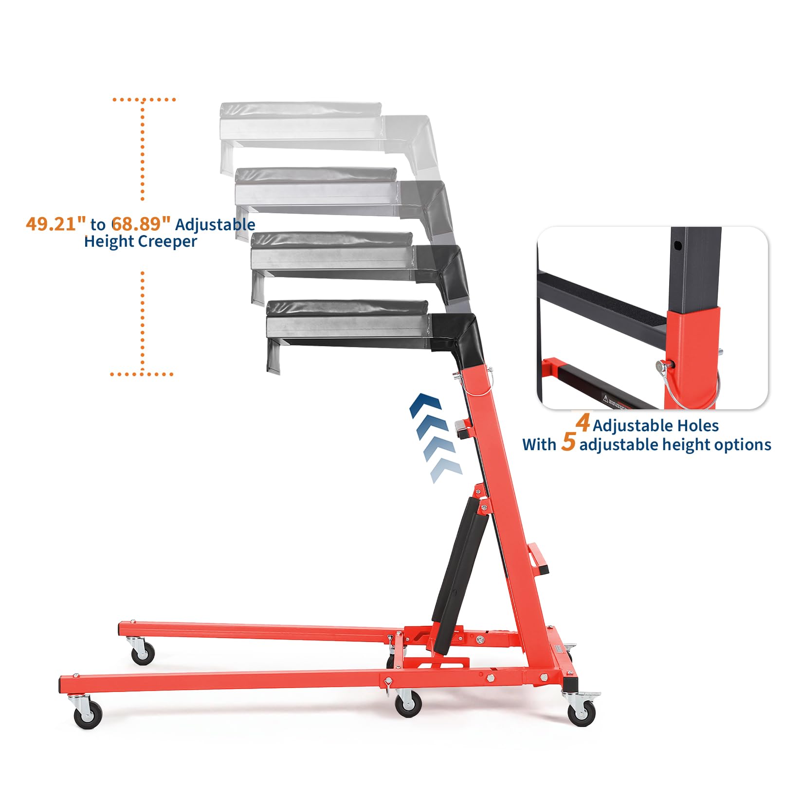 Garvee Top Automotive Creeper Adjustable Height 49.21-68.89" Heavy Duty 400 LBS Steel Frame Foldable with 6 Swivel Casters for Garage Auto Repair