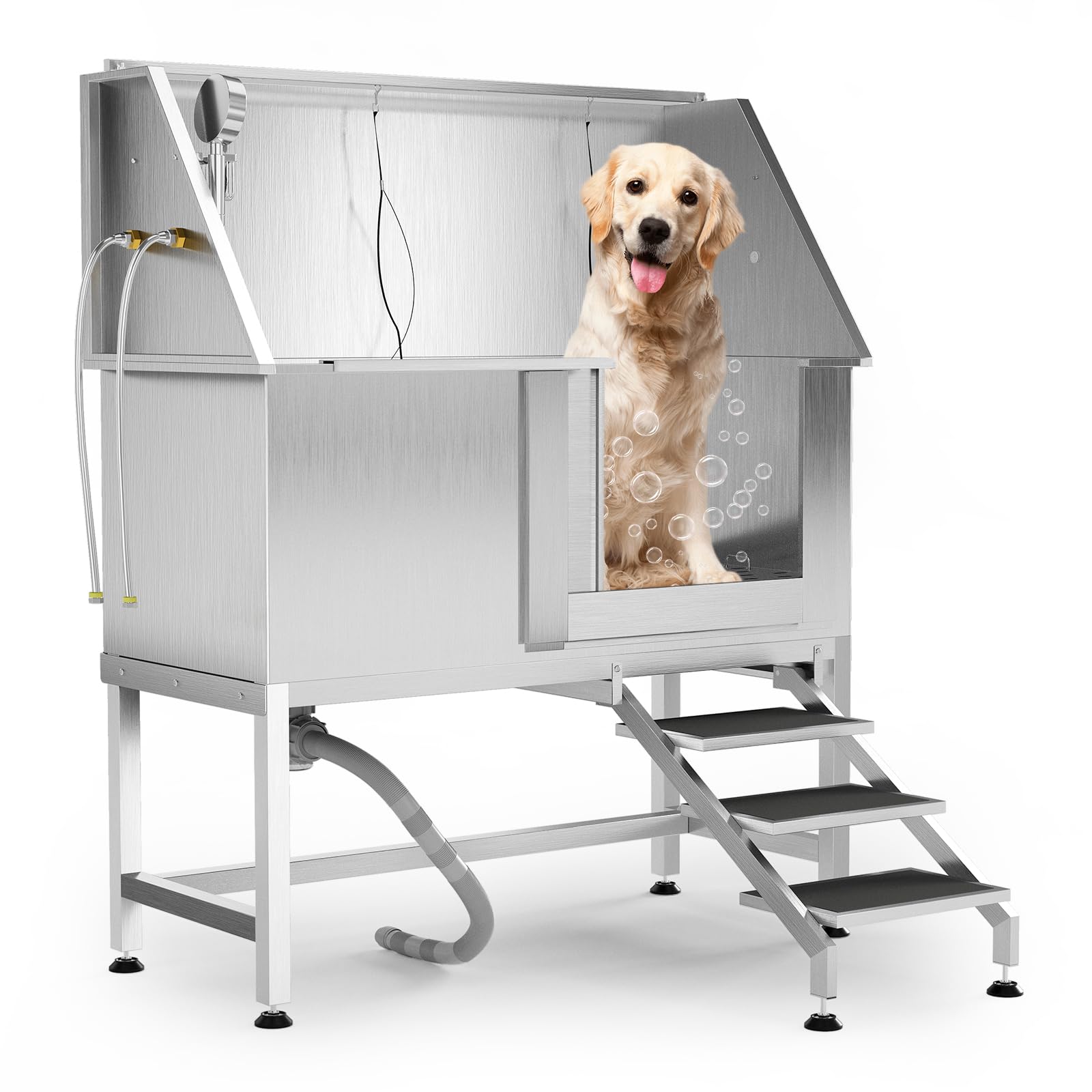 Garvee 50" Stainless Steel Dog Wash Tub, Dog Grooming Bathing Station with Non-Slip Stairs & Floor Grate, Large, Medium & Small Pets Bathtub for Grooming Salon/Home Use, Right-Side