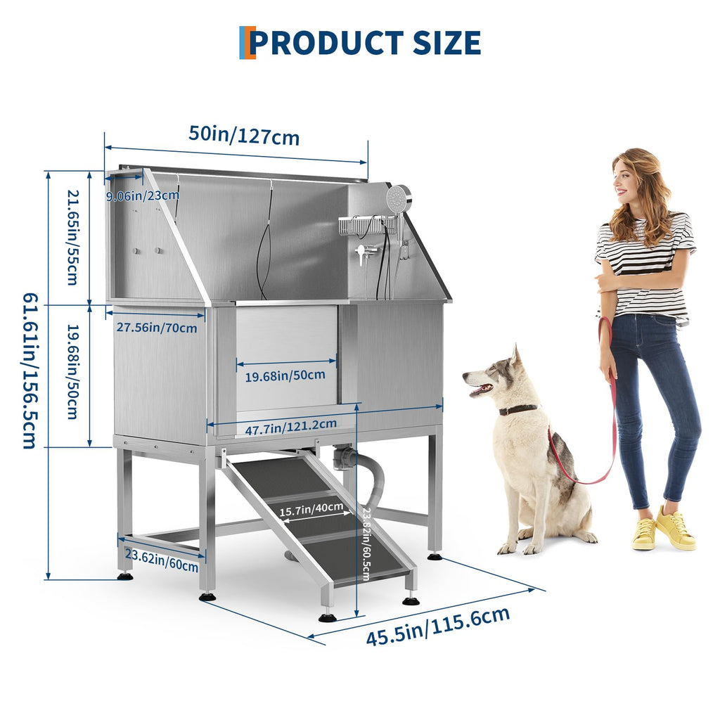 Garvee 50" Stainless Steel Dog Washing Station, Dog Bathtub with Non-Slip Stairs & Storage Shelf, Slip-Resistant Floor Grate, Adjustable Platform for Grooming Salon & Home Use, Leftdoor