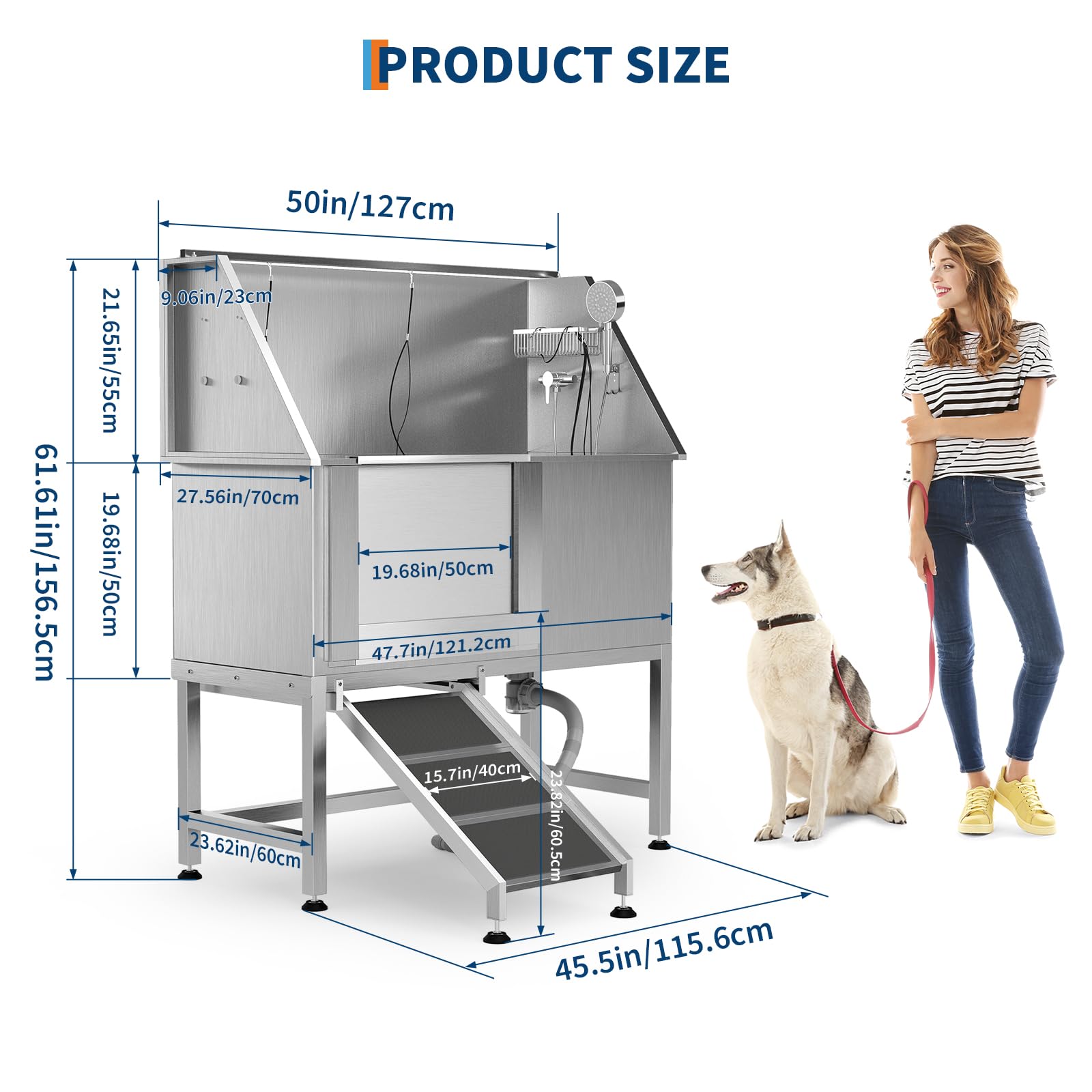 Garvee 50" Stainless Steel Dog Washing Station, Dog Bathtub with Non-Slip Stairs & Storage Shelf, Slip-Resistant Floor Grate, Adjustable Platform for Grooming Salon & Home Use, Leftdoor