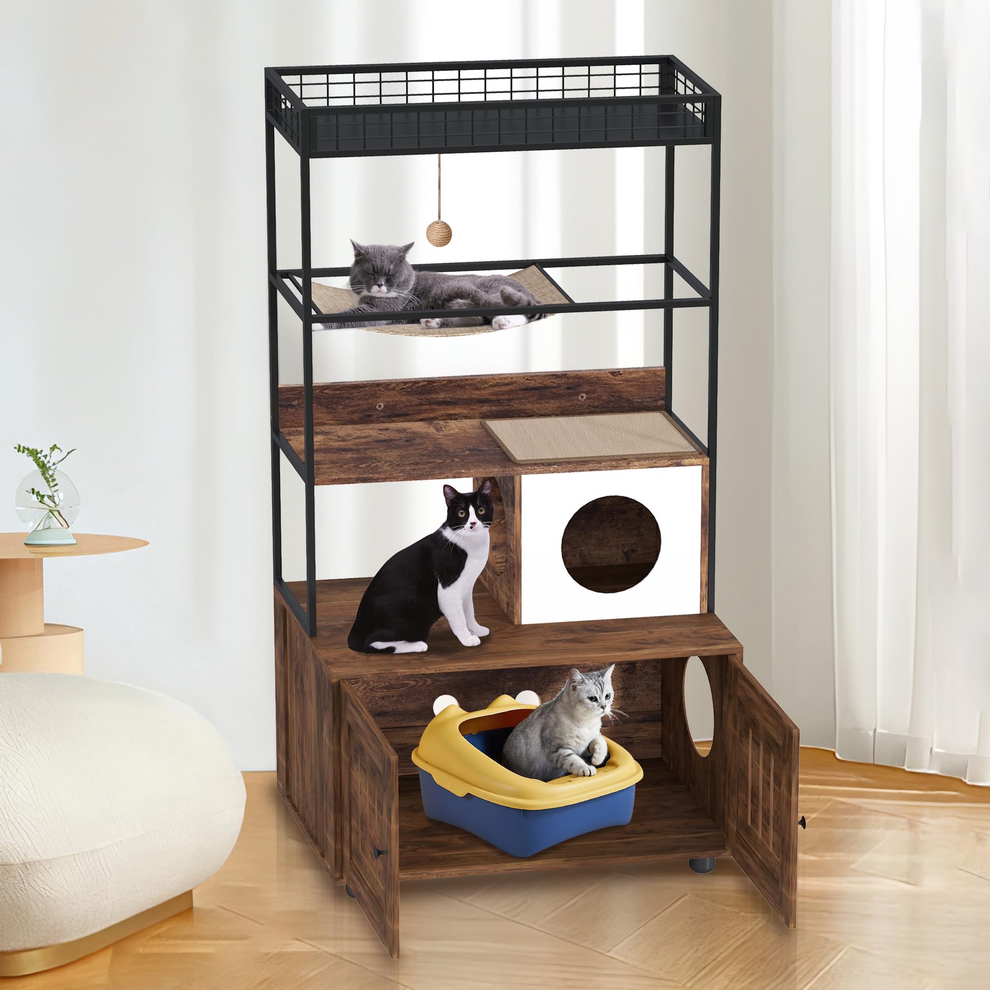 Garvee Wooden Cat Litter Box Furniture Hidden with Storage Shelf, Sisal Hammock & Reversible Entrance, Engineered Wood+Metal, Scratch Mat & Play Ball, Rustic Brown, Indoor Cat House