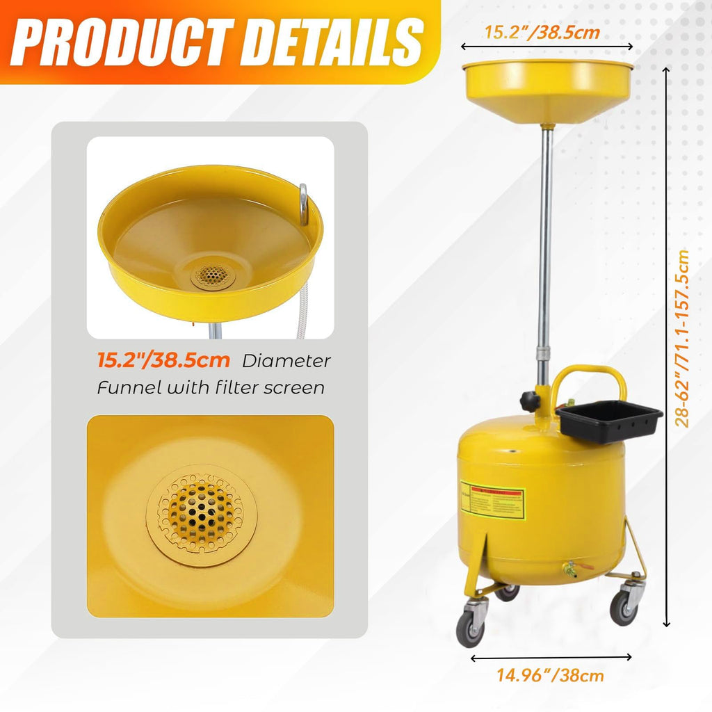 Garvee 8 Gal Portable Waste Oil Drain Change Tank, 15 in Funnel, Adjustable Height 28"-62", 360° Wheels, Built-in Toolbox for Easy Use, Yellow
