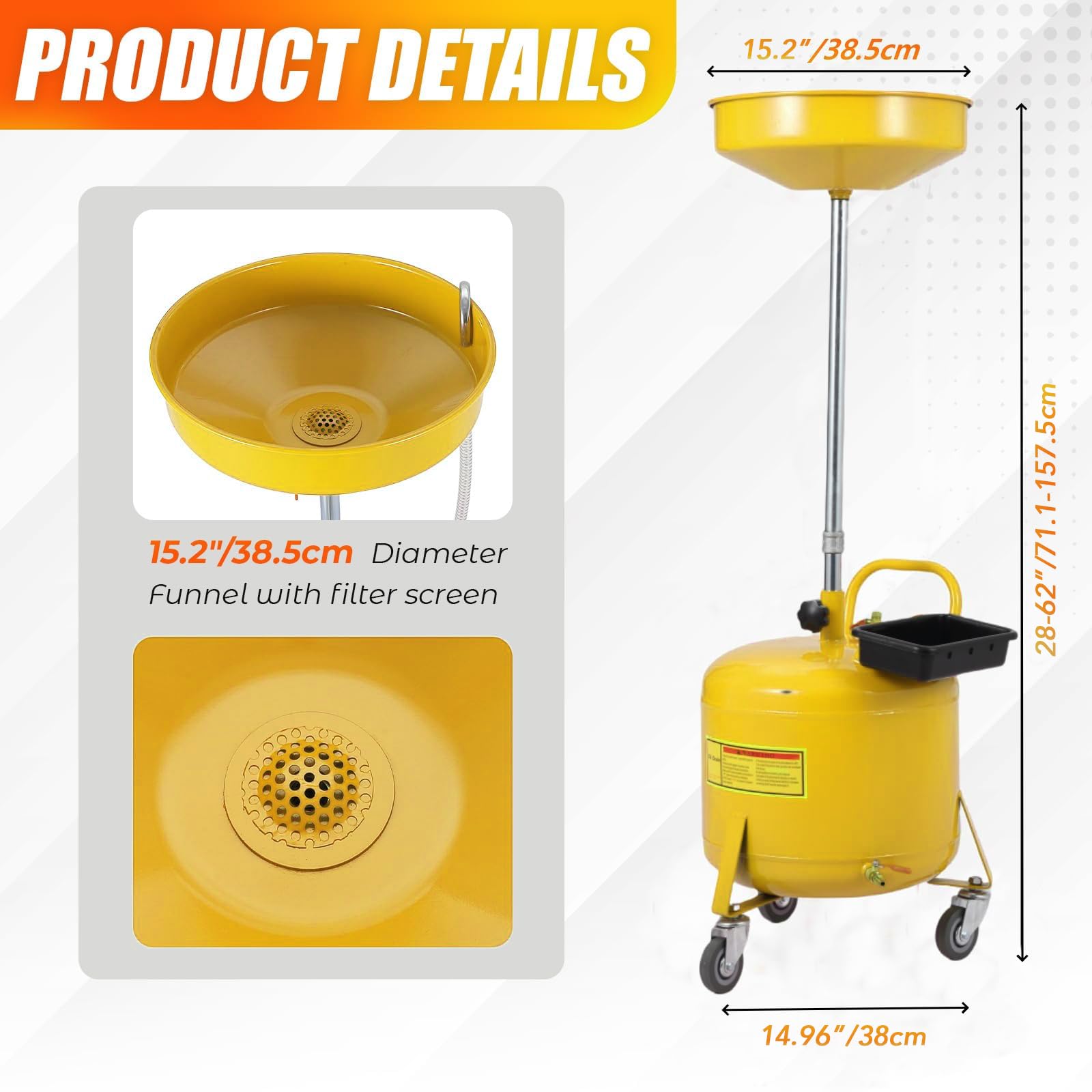 Garvee 8 Gal Portable Waste Oil Drain Change Tank, 15 in Funnel, Adjustable Height 28"-62", 360° Wheels, Built-in Toolbox for Easy Use, Yellow