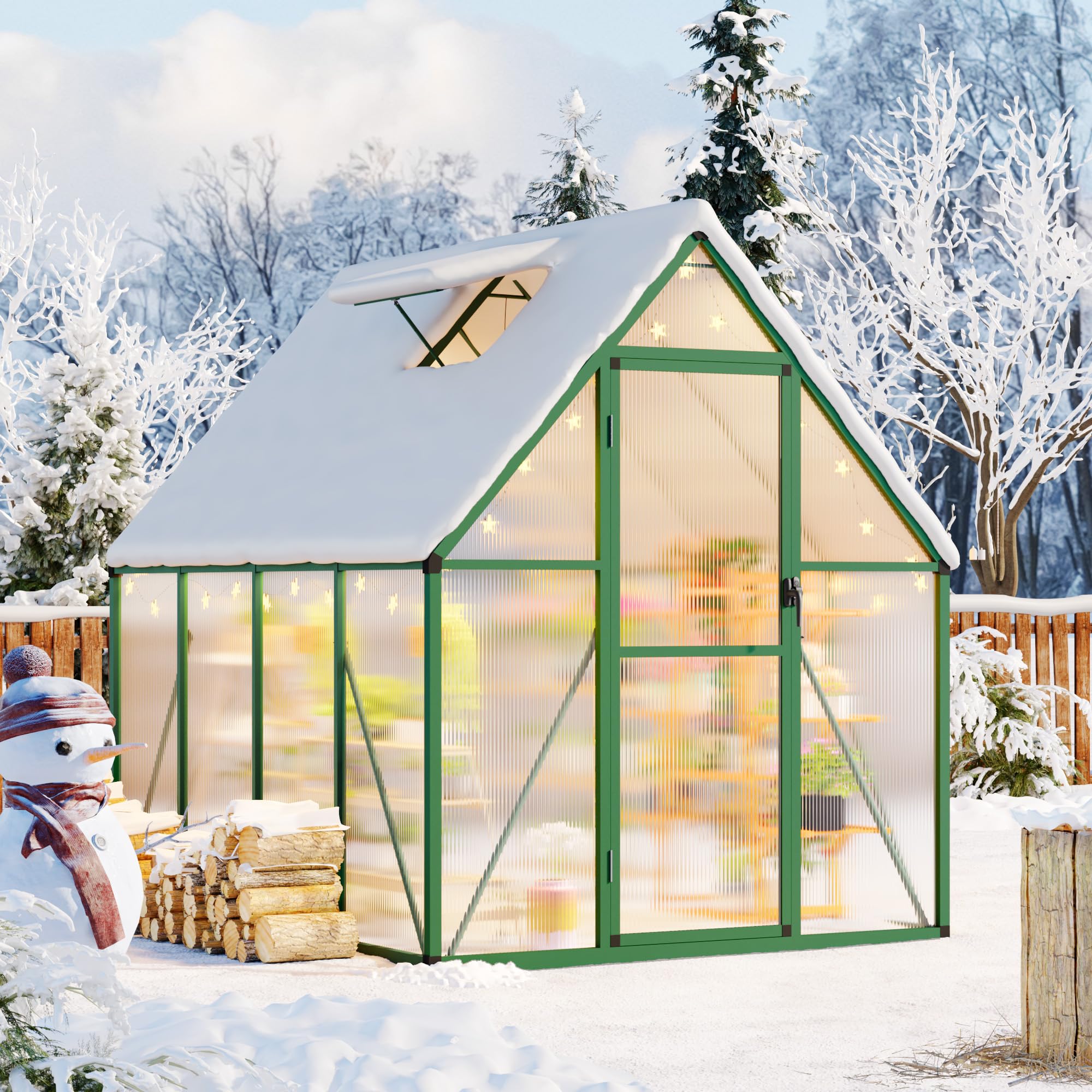 Garvee Heavy Duty 6x7 FT Polycarbonate Walk-In Greenhouse – Reinforced Aluminum Frame, Lockable Door, Adjustable Roof Vent, Quick Assembly – Ideal for Outdoor Patio, Backyard, Garden – Green