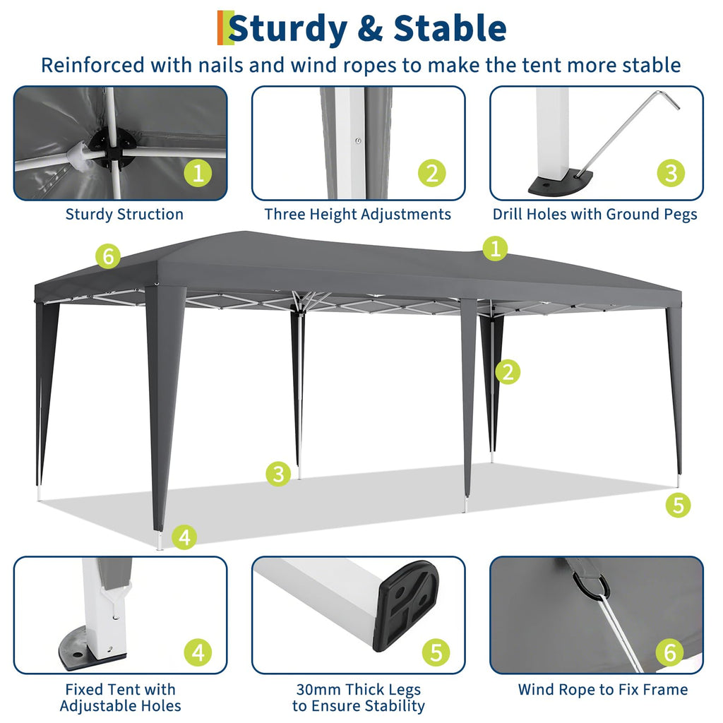 Garvee 10x20 Heavy Duty Pop Up Canopy Tent with 6 Removable Sidewalls, Adjustable 3 Heights, 210D Oxford Cloth, Waterproof, Stakes & Ropes, Outdoor Events