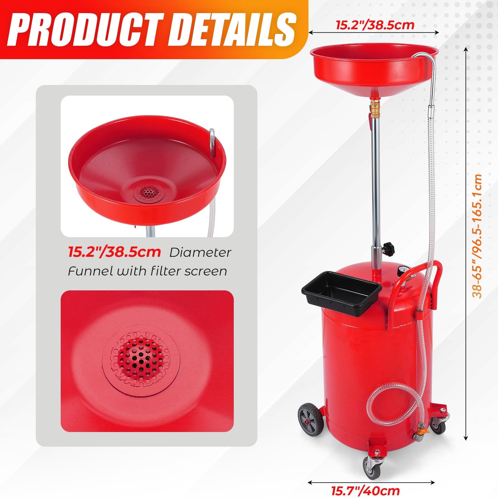 Garvee 20 Gallon Portable Waste Oil Drain Tank with Wheels, Adjustable Funnel Height, Steel Construction, Pressure Valve, for Auto Repair Shops