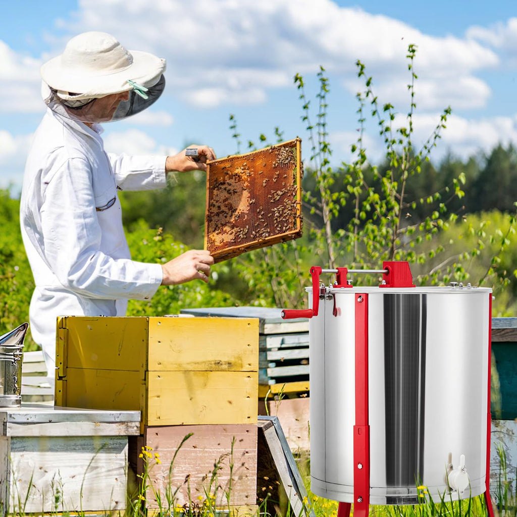 Garvee Manual Honey Extractor 2/4 Frames Stainless Steel Adjustable Legs Transparent Lid Honeycomb Drum Spinner for Beekeepers and Apiaries