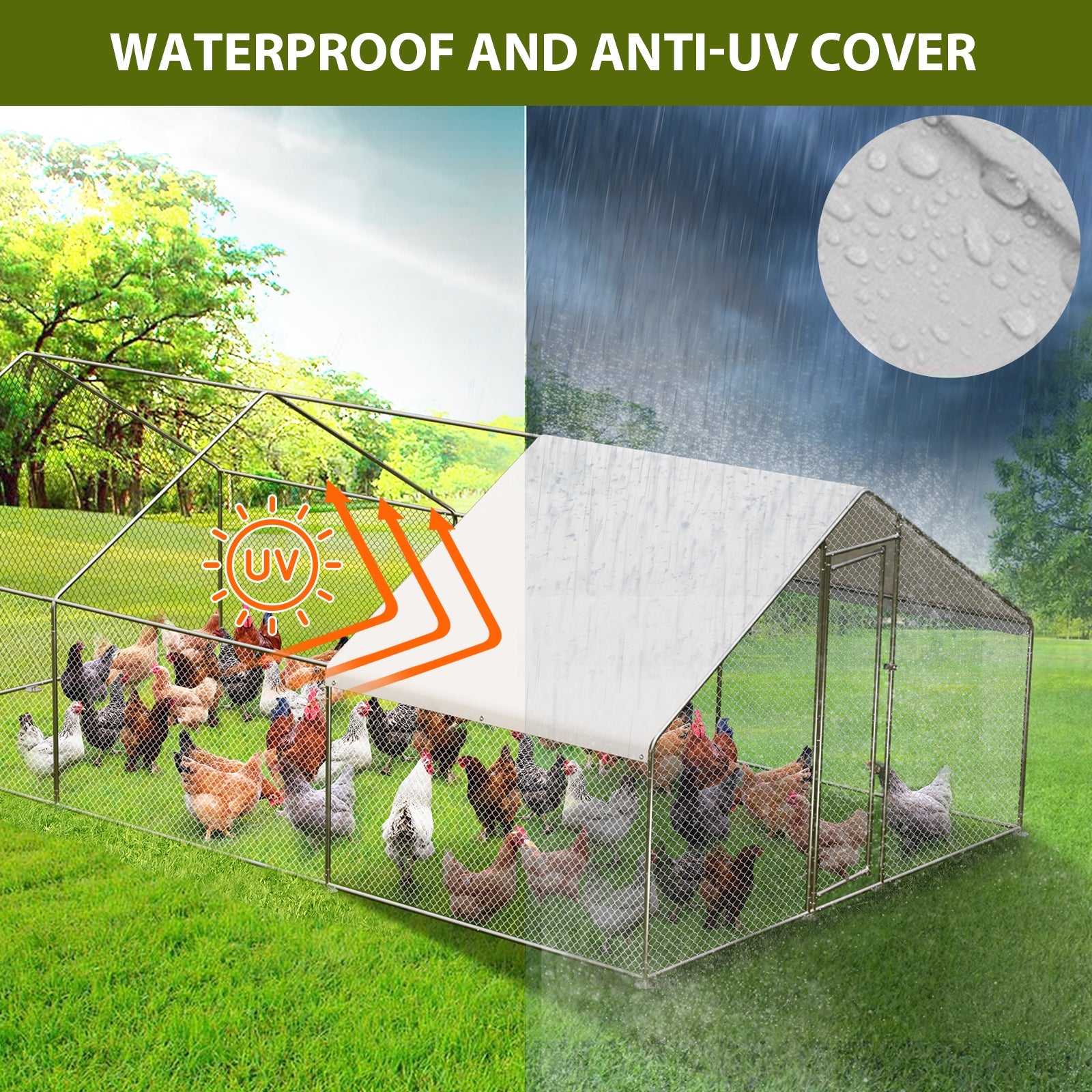 Garvee Large Metal Chicken Coop, Walk-in Poultry Cage, Chicken House with Waterproof and Anti-Ultraviolet Cover for Outdoor Yard Farm Silver - 9.8*19.7*6.6FT