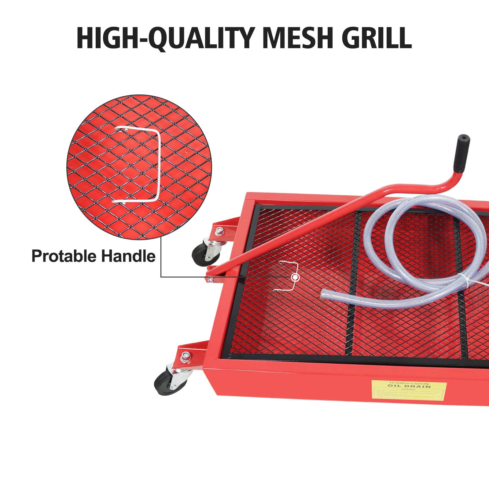 Garvee Low Profile Oil Drain Pan 15-Gallon Capacity Manual Rotary Pump Durable Plastic Wheels 7.2 Inch Hose for Cars Trucks SUVs