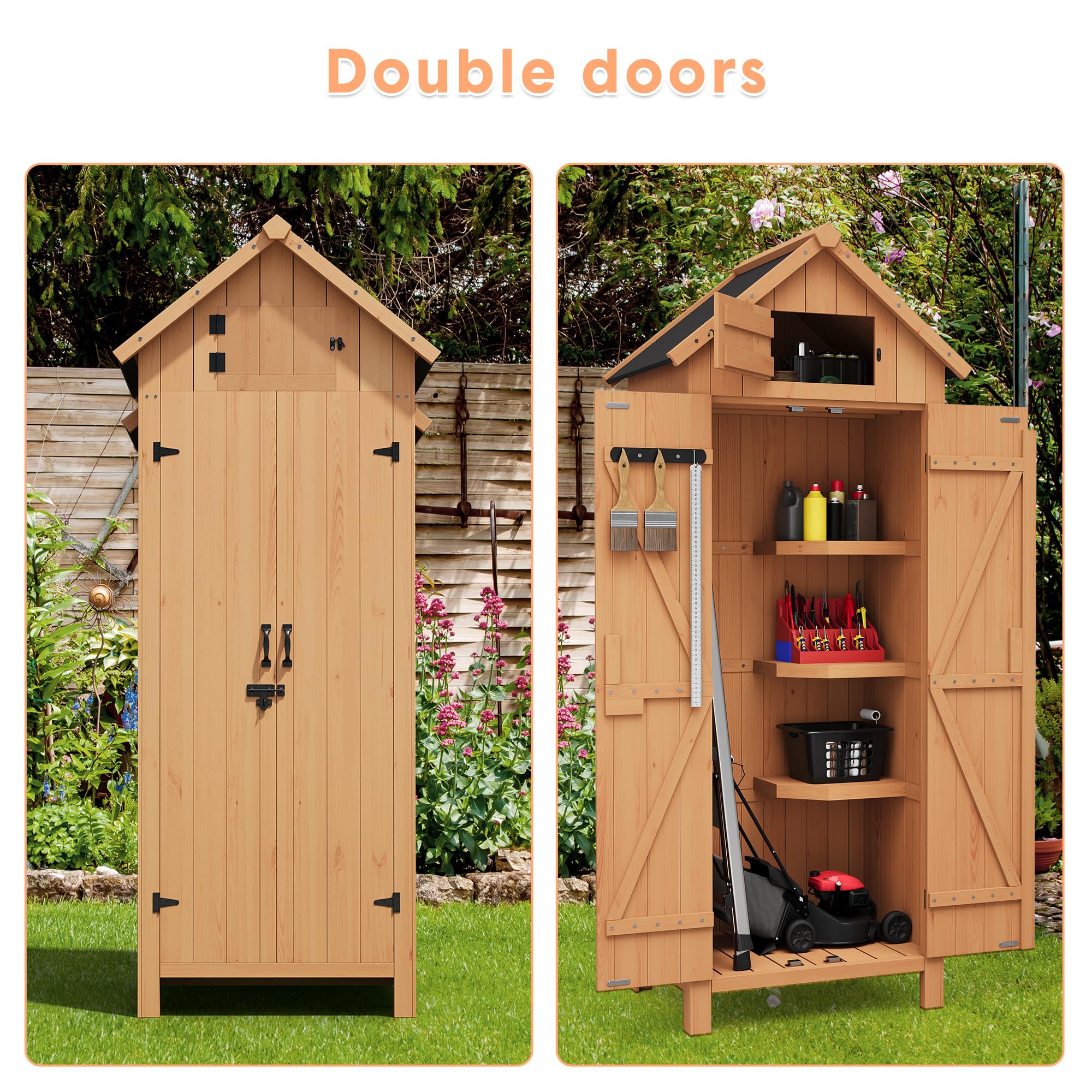 Garvee Outdoor Wooden Storage Shed Waterproof with Lockable Door, Tilt Roof, 3 Shelves, Engineered Wood, Space-Saving Vertical Design for Patio and Garden