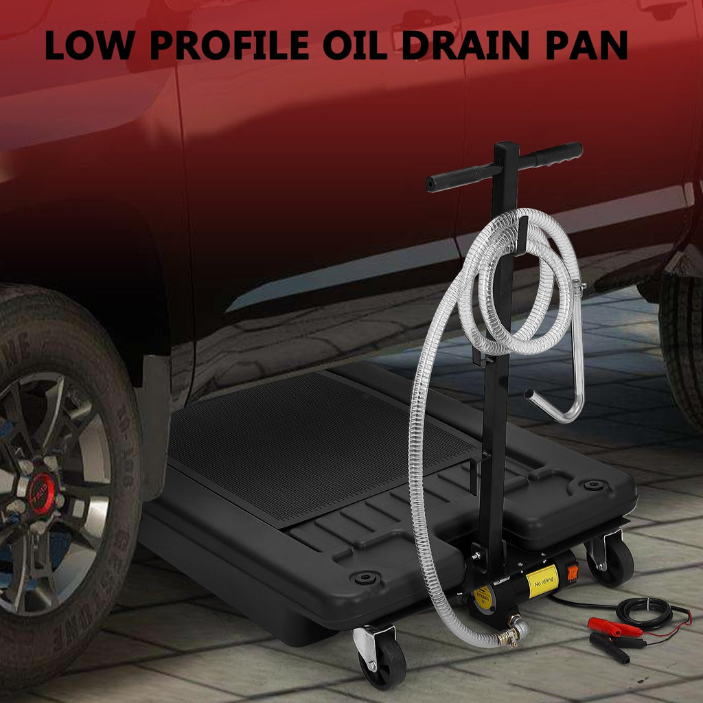 Garvee 17 Gallon Electric Oil Drain Pan with 12V Pump & 8 Ft Hose, Low Profile, T Folding Handle, Polypropylene, Wheels, for Cars SUVs Trucks