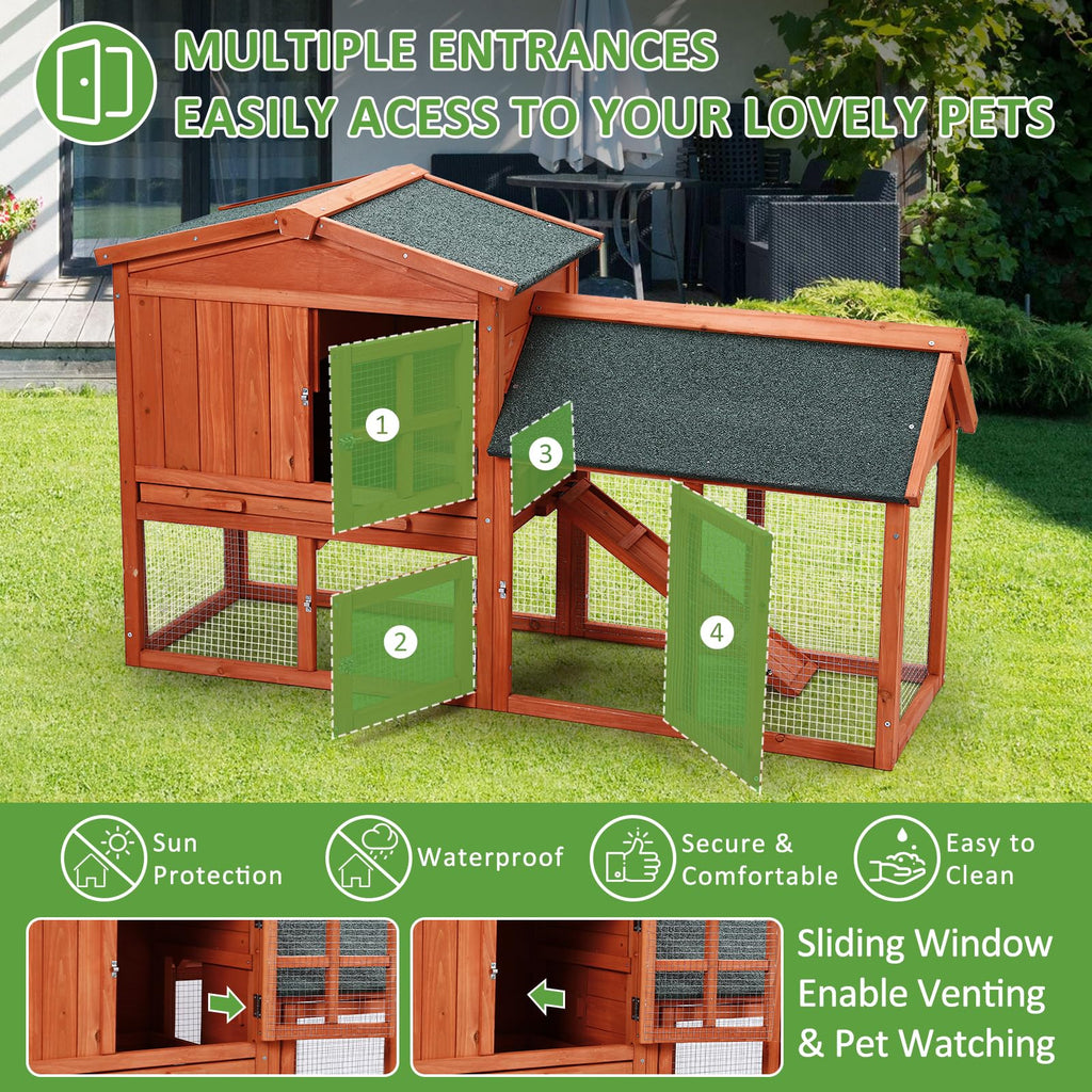 Garvee 54'' Rabbit Hutch Indoor Outdoor Rabbit Cage, Two Floors Wooden Rabbit Cage Indoor, Wooden Chicken Coop Guinea Pigs Pet House Cage with Run, Pull Out Tray, Asphalt Roof for Small Animals