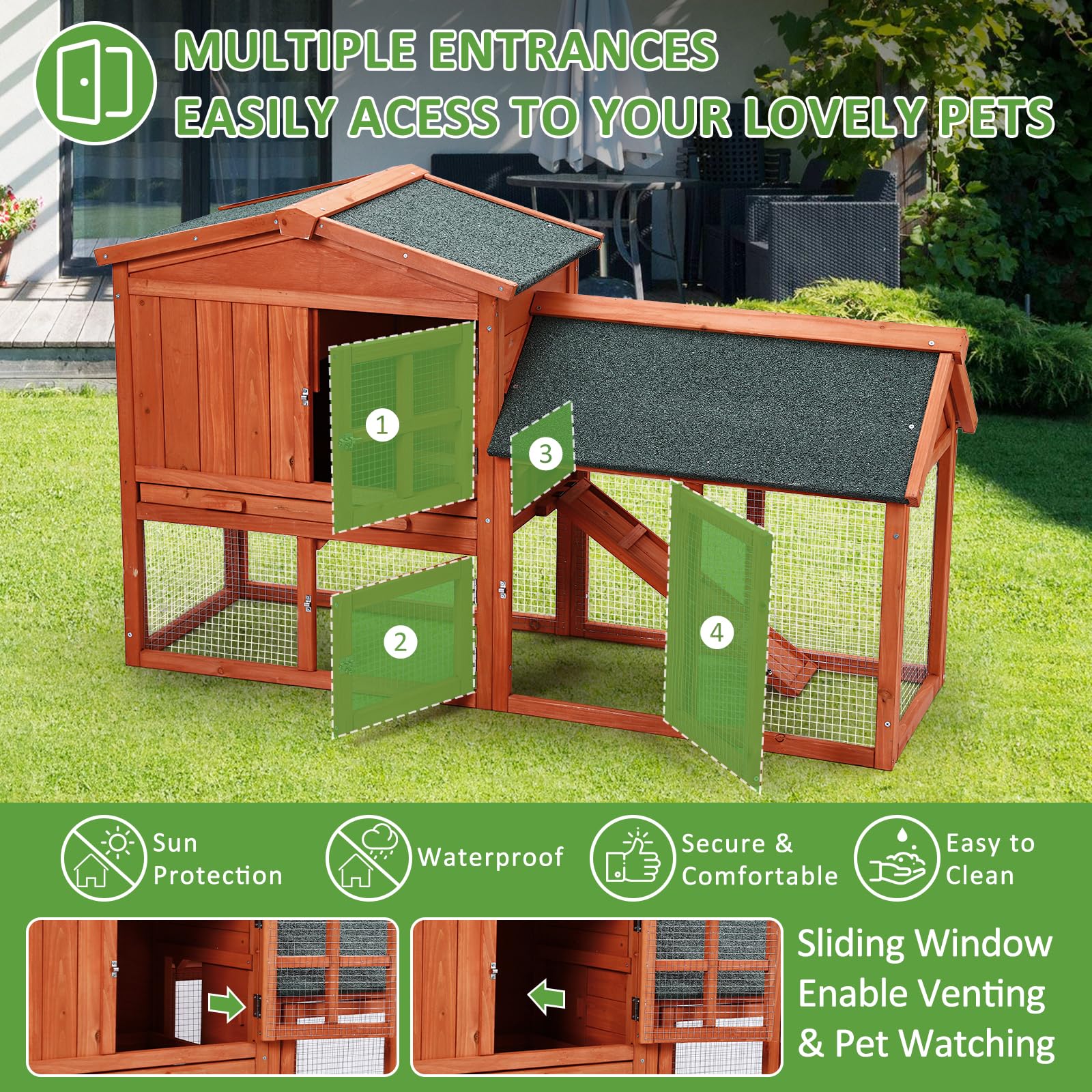 Garvee 54'' Rabbit Hutch Indoor Outdoor Rabbit Cage, Two Floors Wooden Rabbit Cage Indoor, Wooden Chicken Coop Guinea Pigs Pet House Cage with Run, Pull Out Tray, Asphalt Roof for Small Animals