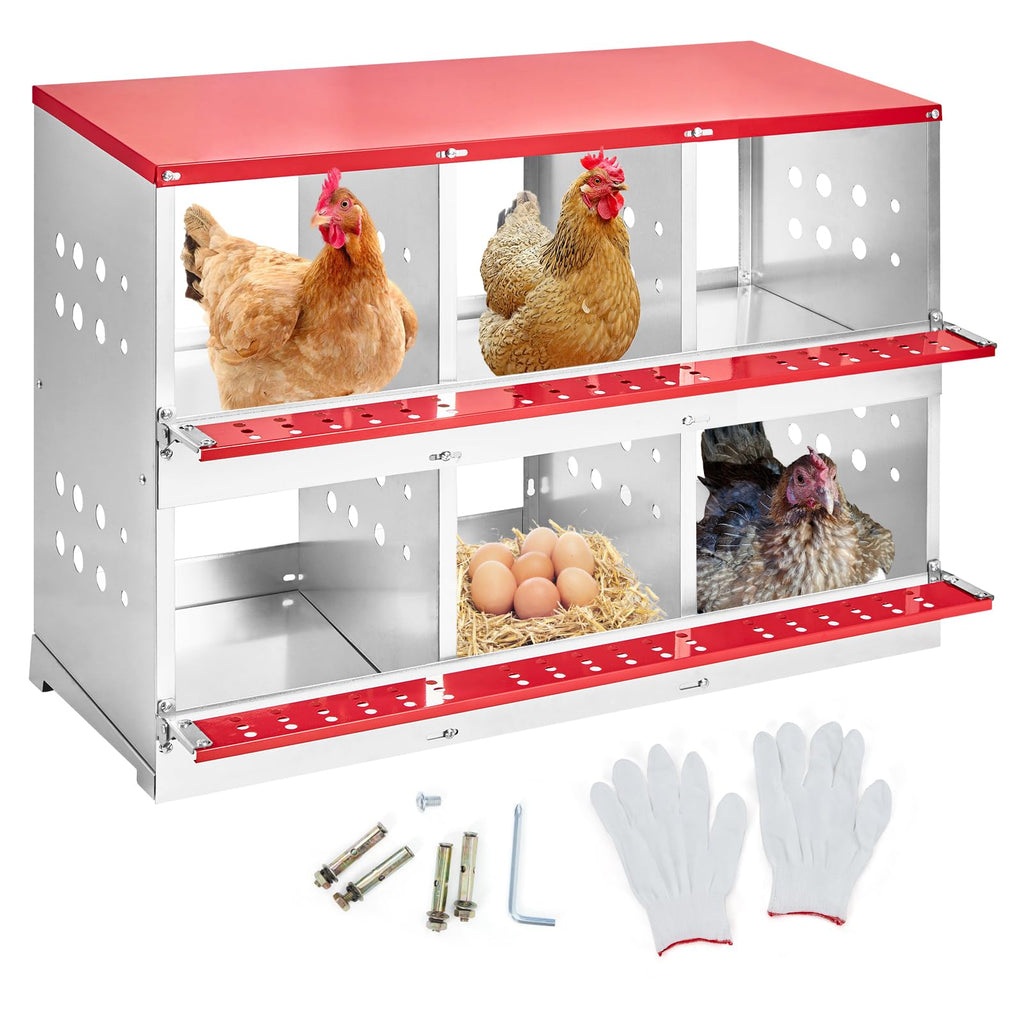 GARVEE 6-Compartment Galvanized Steel Nesting Box - Metal w/Vented Holes, Swing Perch & Removable Dividers for Chicken Coops