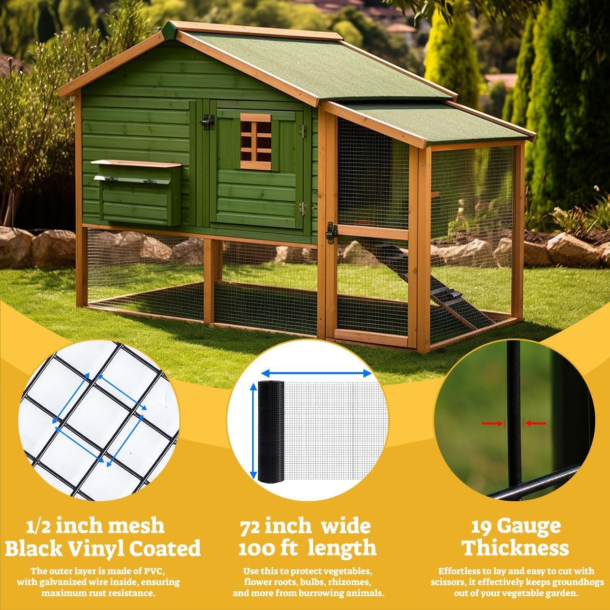 Garvee Hardware Cloth 1/2 Inch Mesh 19 Gauge Galvanized Steel Durable Black Vinyl Coated Garden Poultry Fence 72 Inx100 Ft with Gloves & Ties
