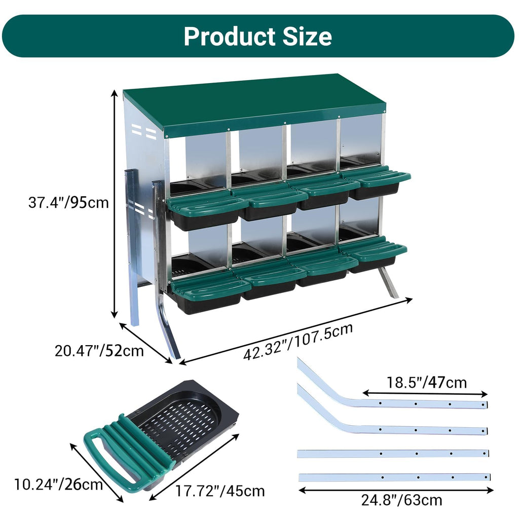 Garvee 8-Compartment Galvanized Steel Chicken Nest Box - 0.8mm Green w/Tilt Design, Vent Holes, Removable Trays & Stand for Coops