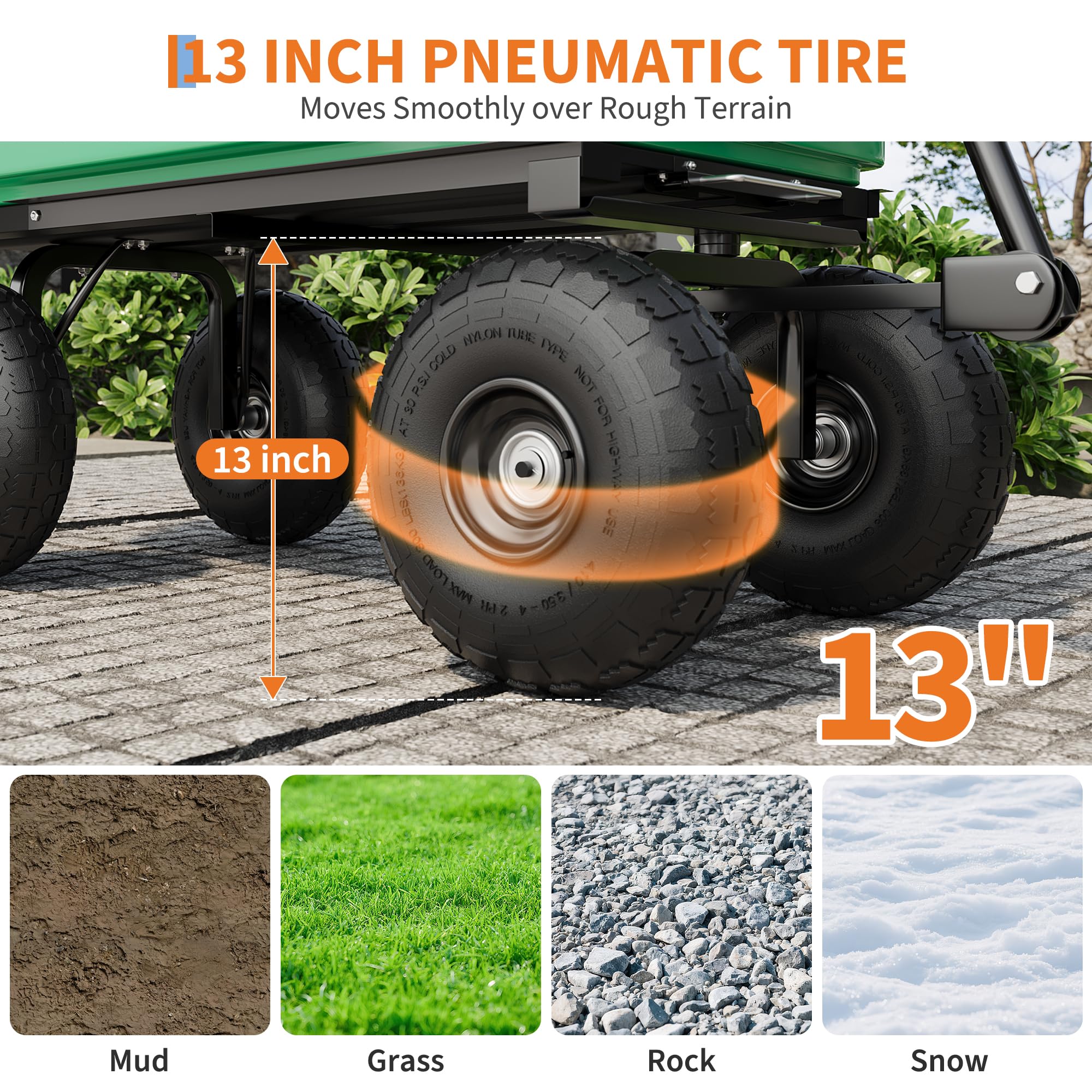 Garvee 1200 lb All-Terrain Yard Wagon, Heavy-Duty Garden Cart with Quick Dump Poly Bed, Adjustable Handle & Pneumatic Tires for Soil, Mulch, Plants & Tools
