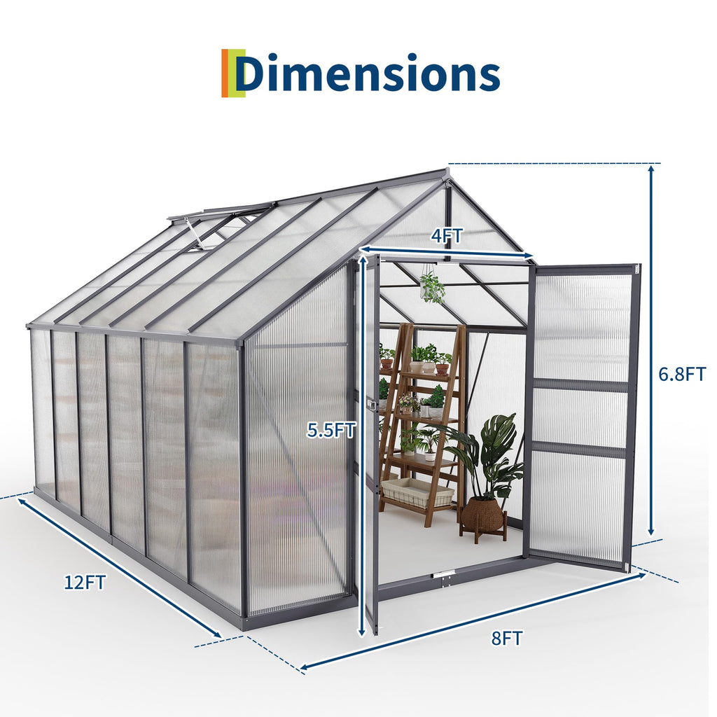 Garvee 8x12 FT Outdoor Walk-in Greenhouse with Polycarbonate Panels, Vent Roof, Windproof Aluminum Frame, Rain Gutters, for Backyard Gardening