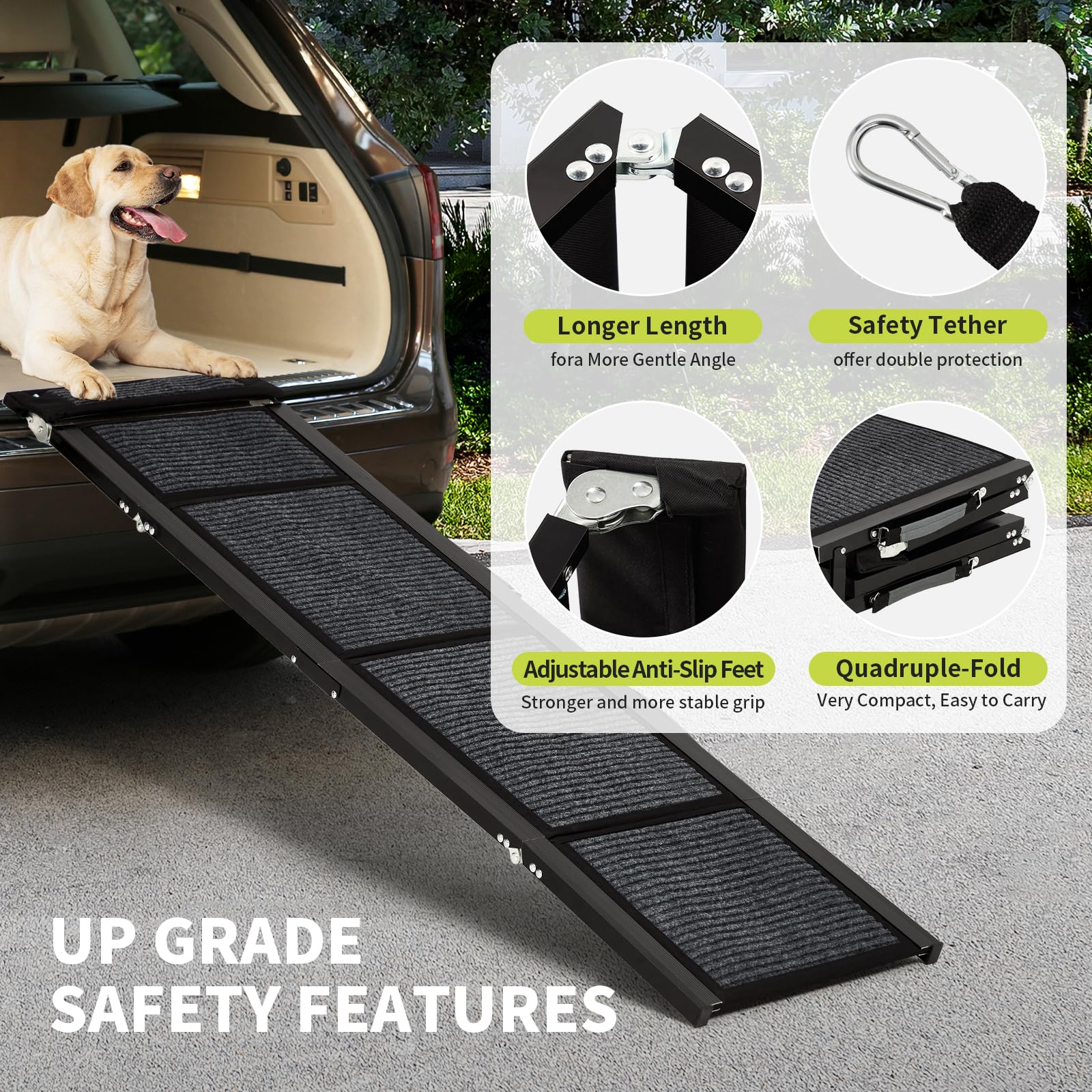 Garvee 63"×20" Portable Aluminum Dog Car Ramp, Folding Pet Ramp for Large Dogs with Non-Slip Surface Portable Dog Car Ramp for SUV Car & Truck, Outdoor Dog Ramp Up to 250 LBS