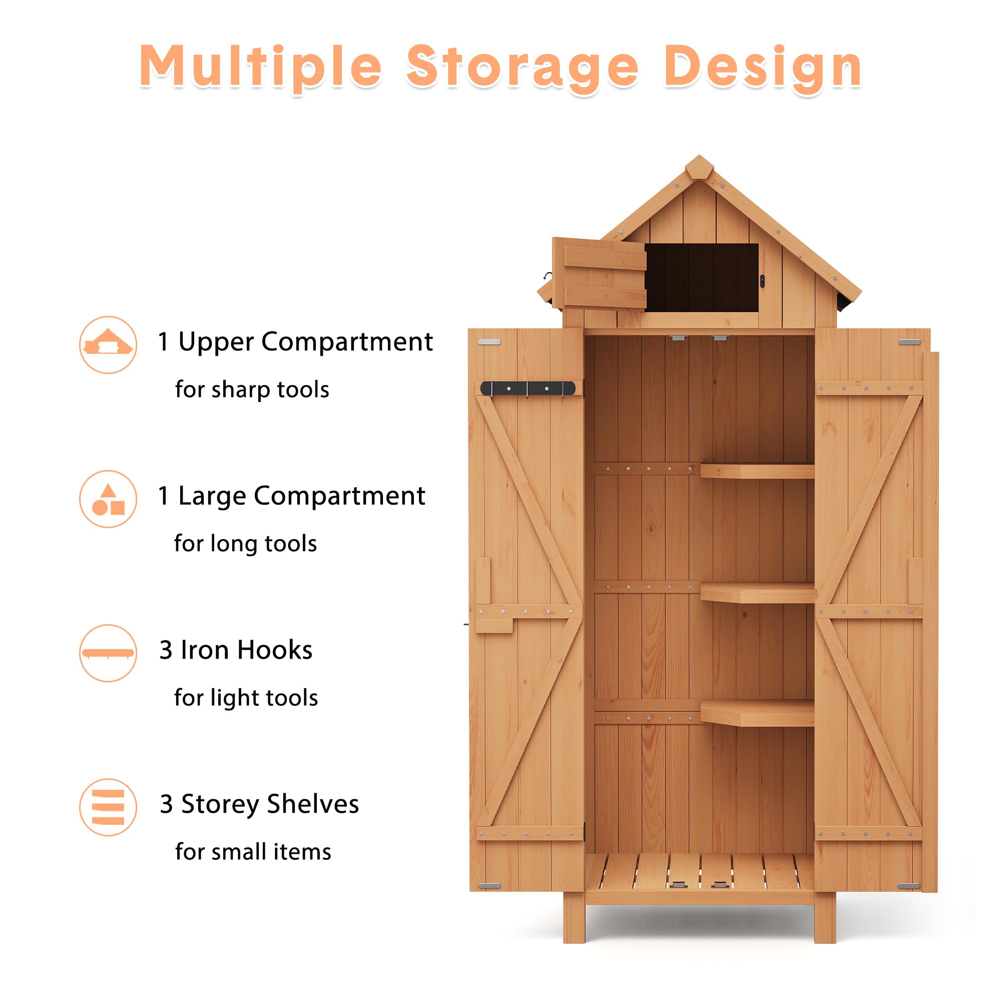 Garvee Outdoor Wooden Storage Shed Waterproof with Lockable Door, Tilt Roof, 3 Shelves, Engineered Wood, Space-Saving Vertical Design for Patio and Garden