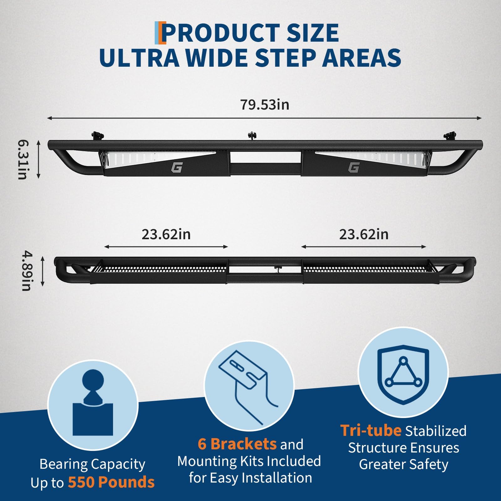 Garvee 6" Running Boards for 2005-2023 Toyota Tacoma Double Cab, Bolt-On Steel Side Steps, Non-Slip Textured Surface, Black Powder Coated Direct Fit Nerf Bars